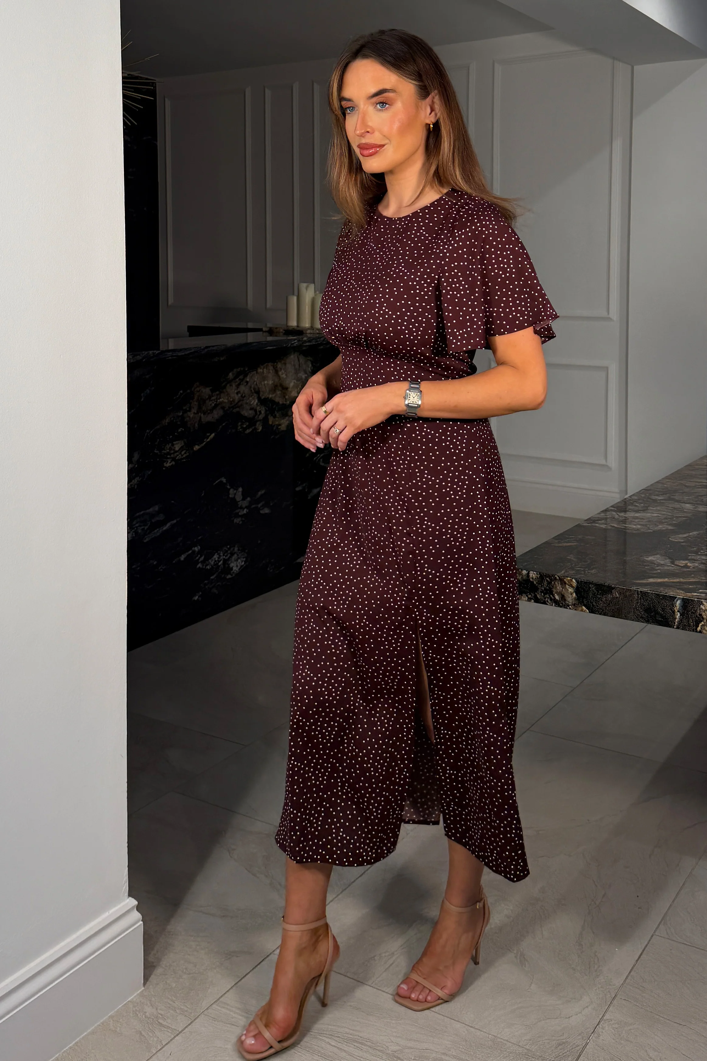 Britney Brown Spot Angel Sleeve Midi Dress - Image 3