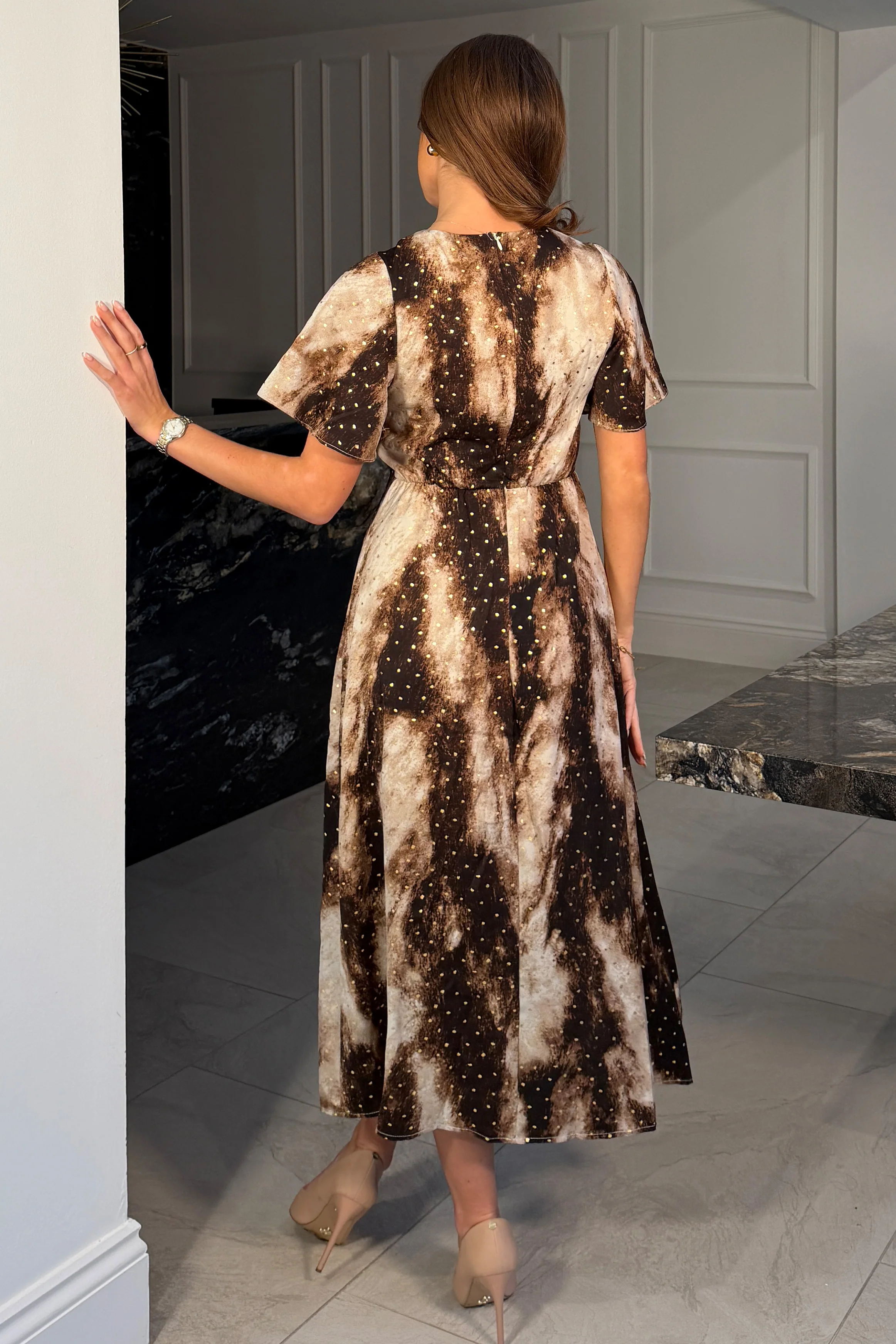 Britney Foiled Brown Angel Sleeve Midi Dress - Image 4