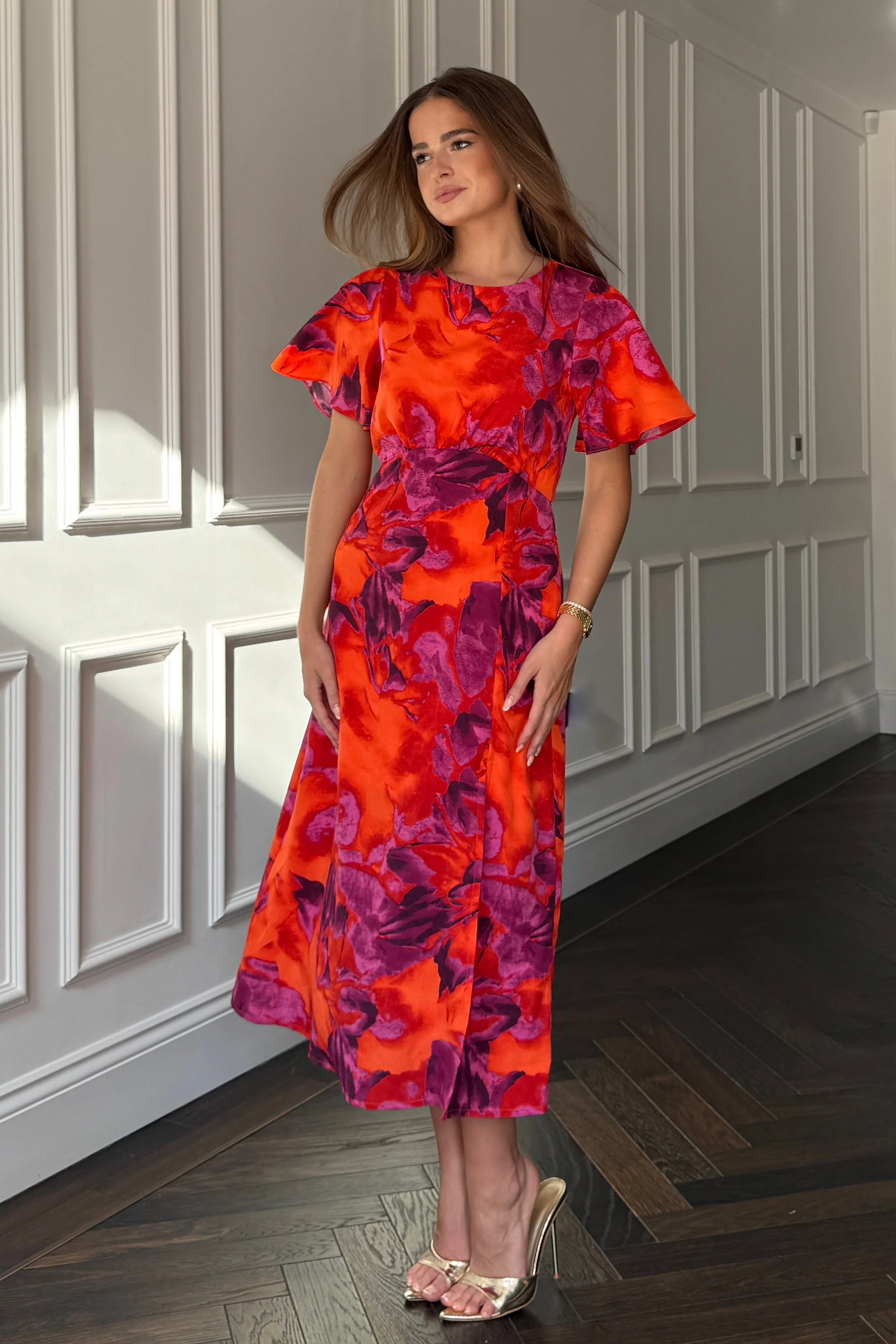 Britney Orange Floral Angel Sleeve Midi Dress - Image 3