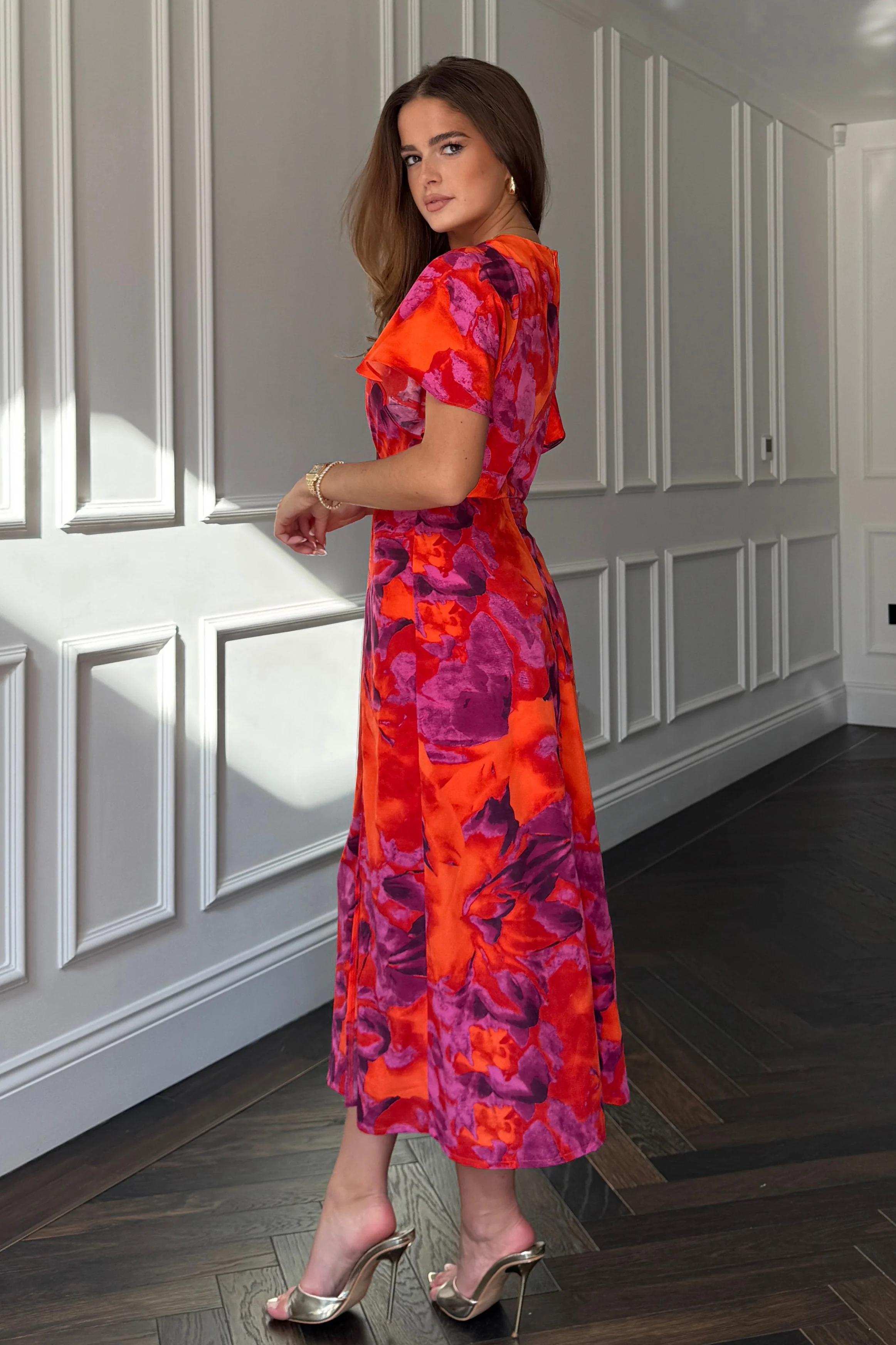 Britney Orange Floral Angel Sleeve Midi Dress - Image 4