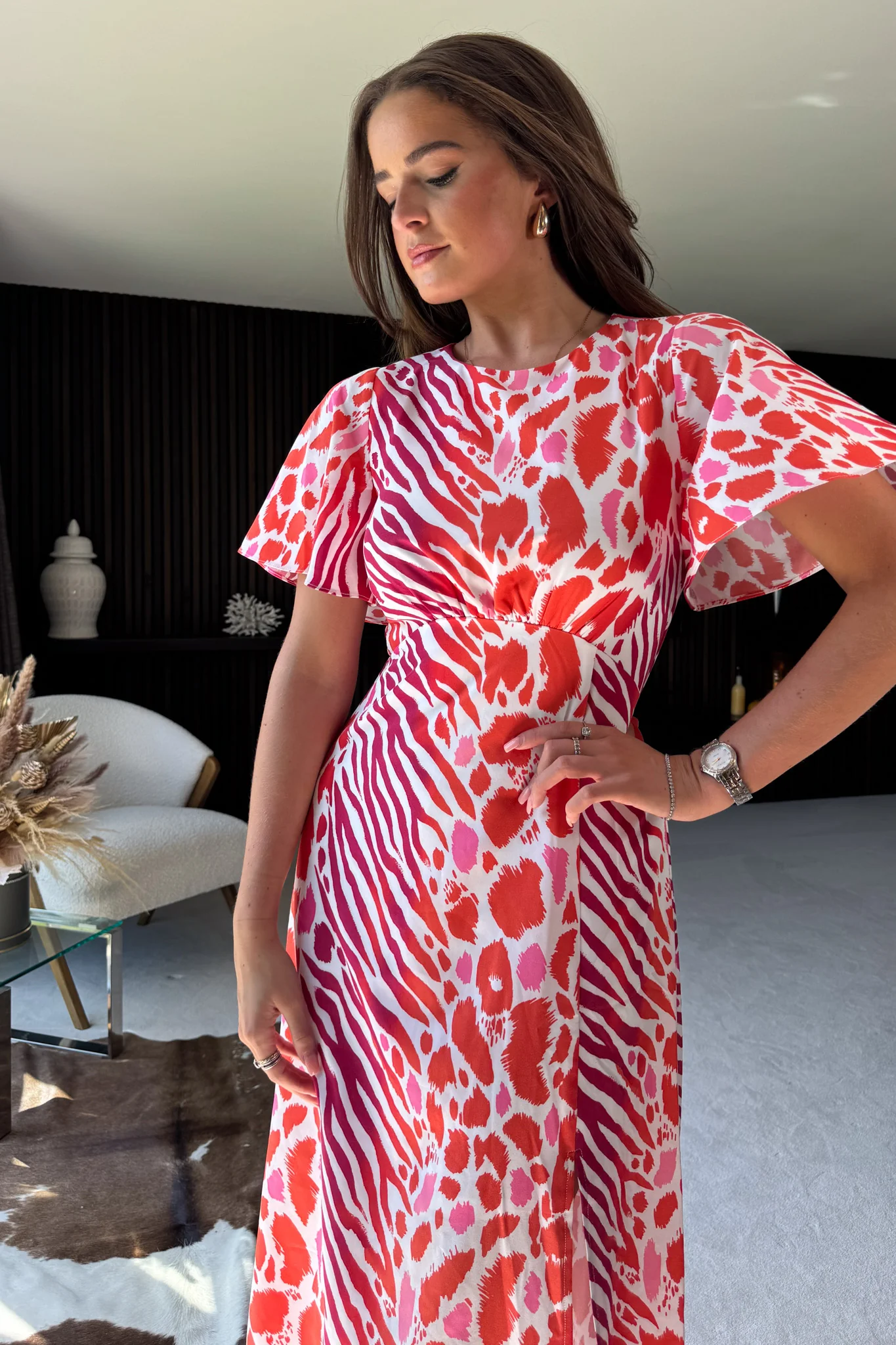 Britney Red Print Angel Sleeve Midi Dress - Image 2