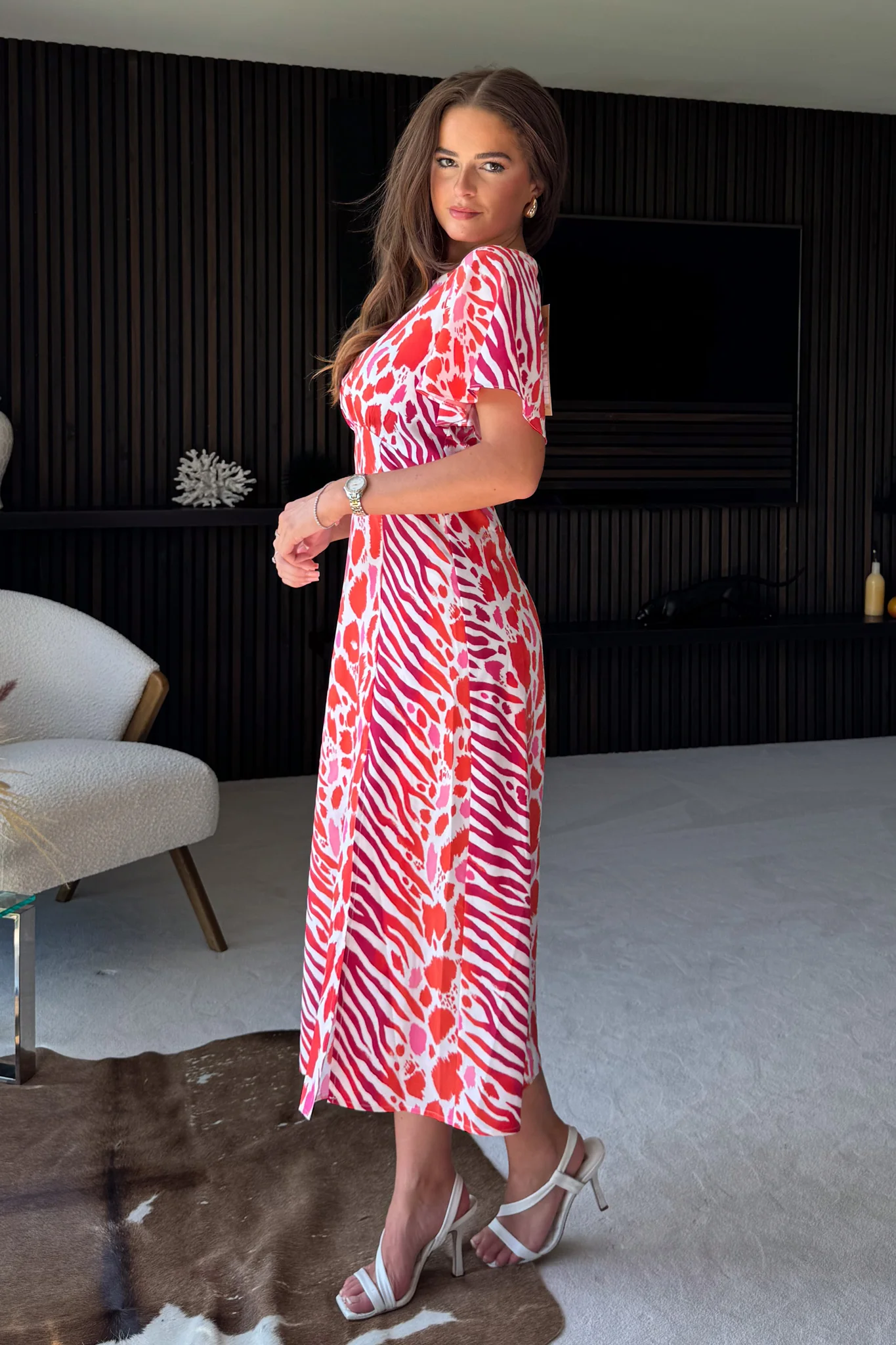 Britney Red Print Angel Sleeve Midi Dress - Image 3