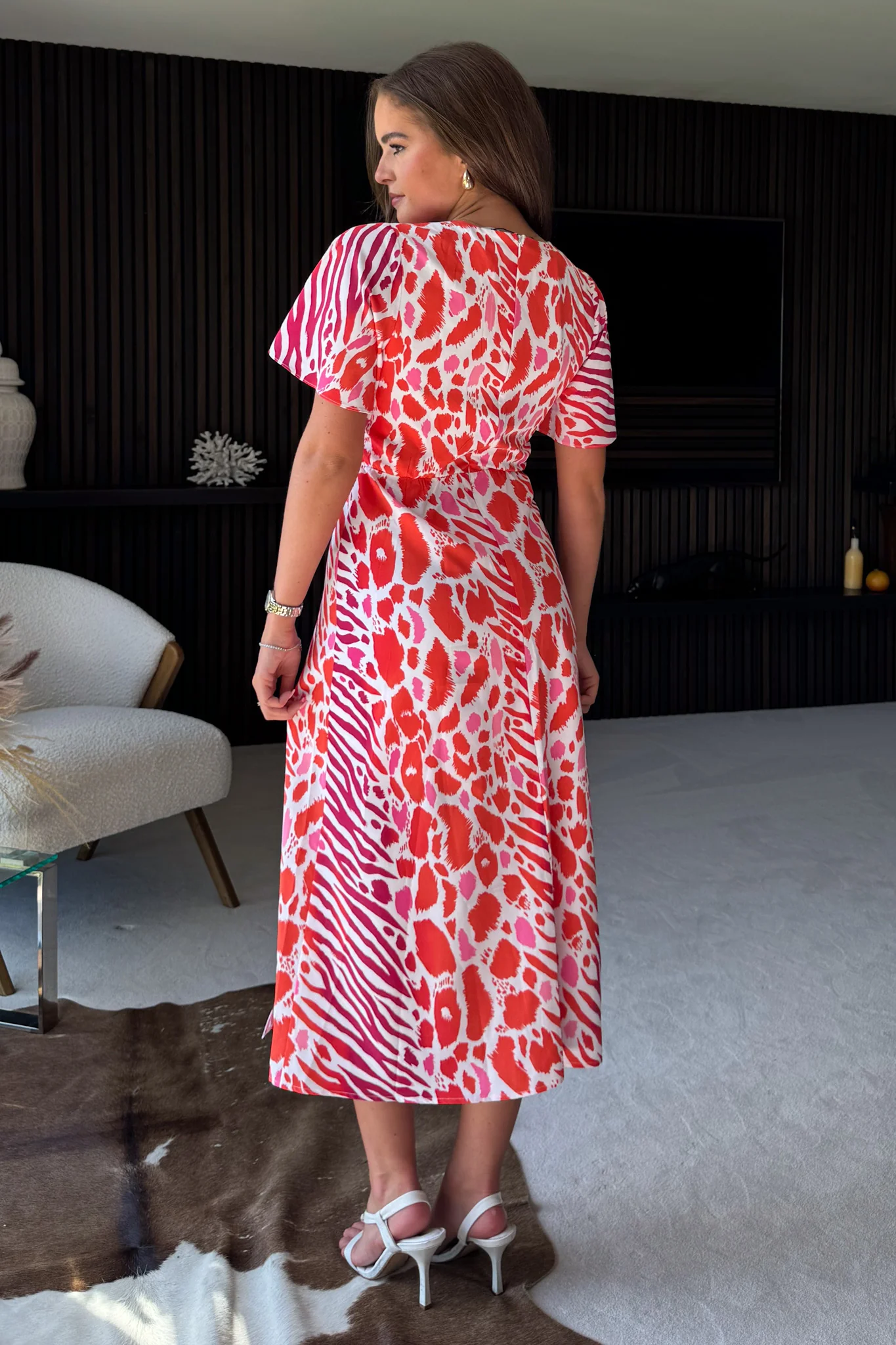 Britney Red Print Angel Sleeve Midi Dress - Image 4