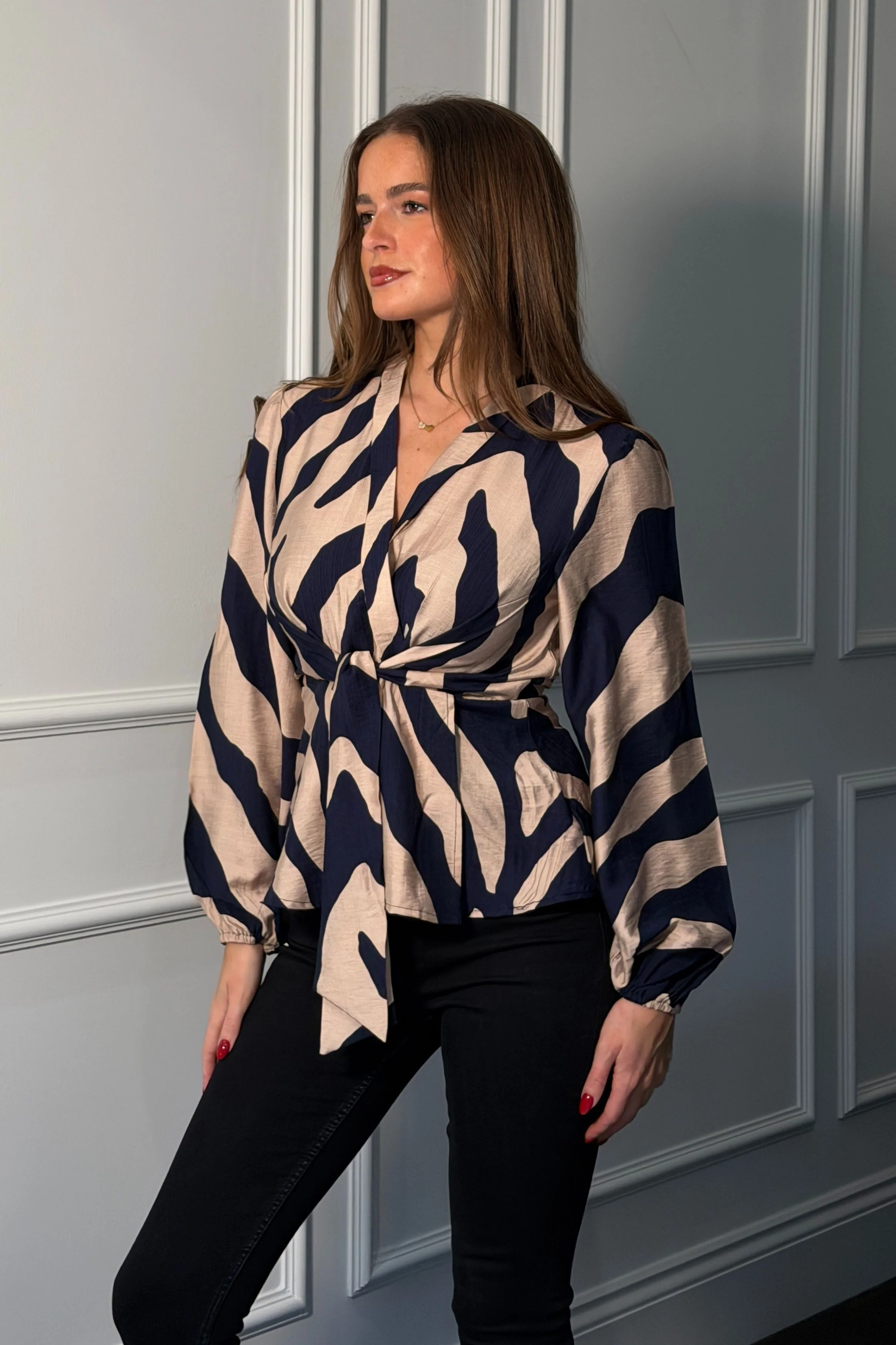 Brooke Blue Animal Print Tie Front Top - Image 3