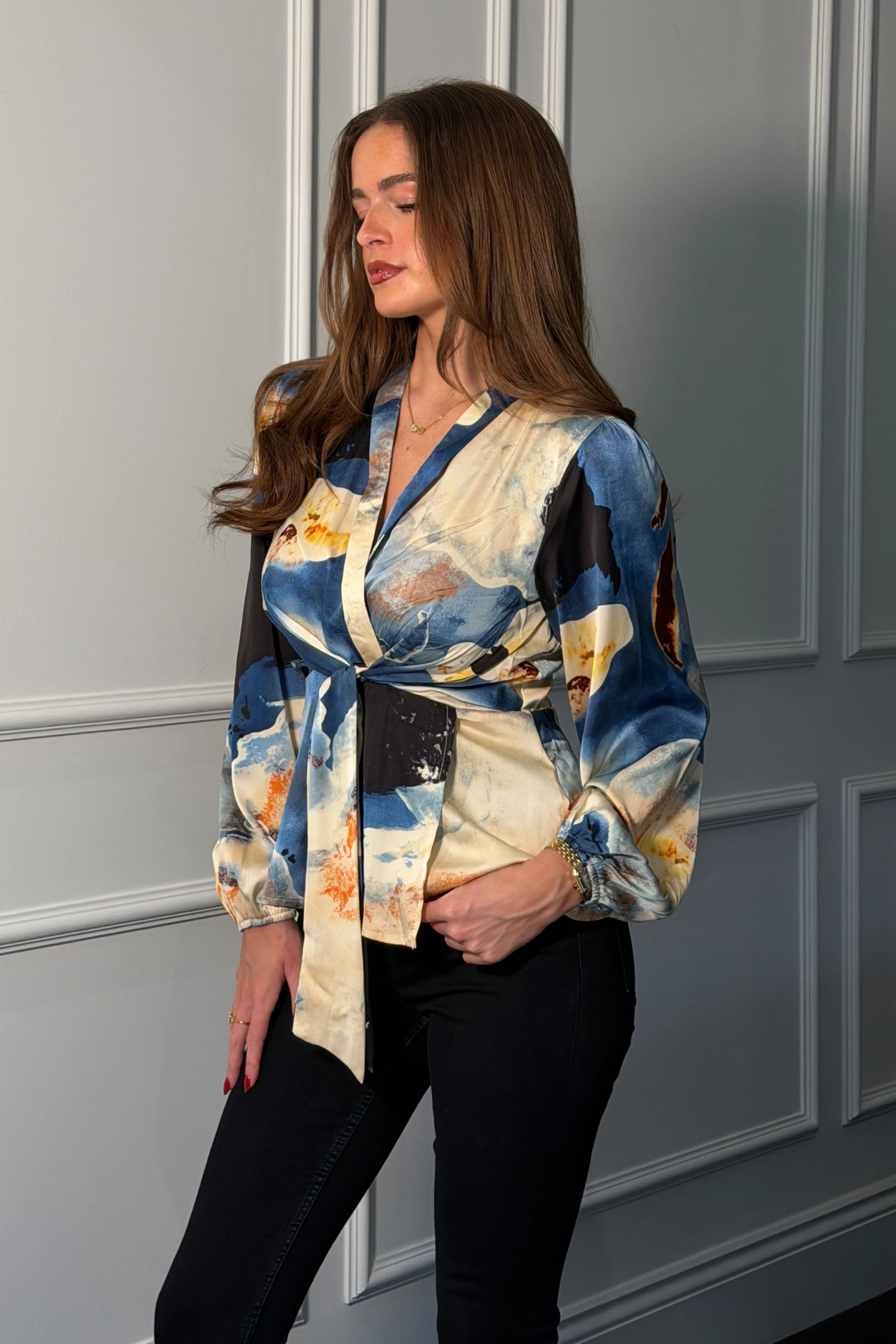 Brooke Blue Marble Print Tie Front Top - Image 3