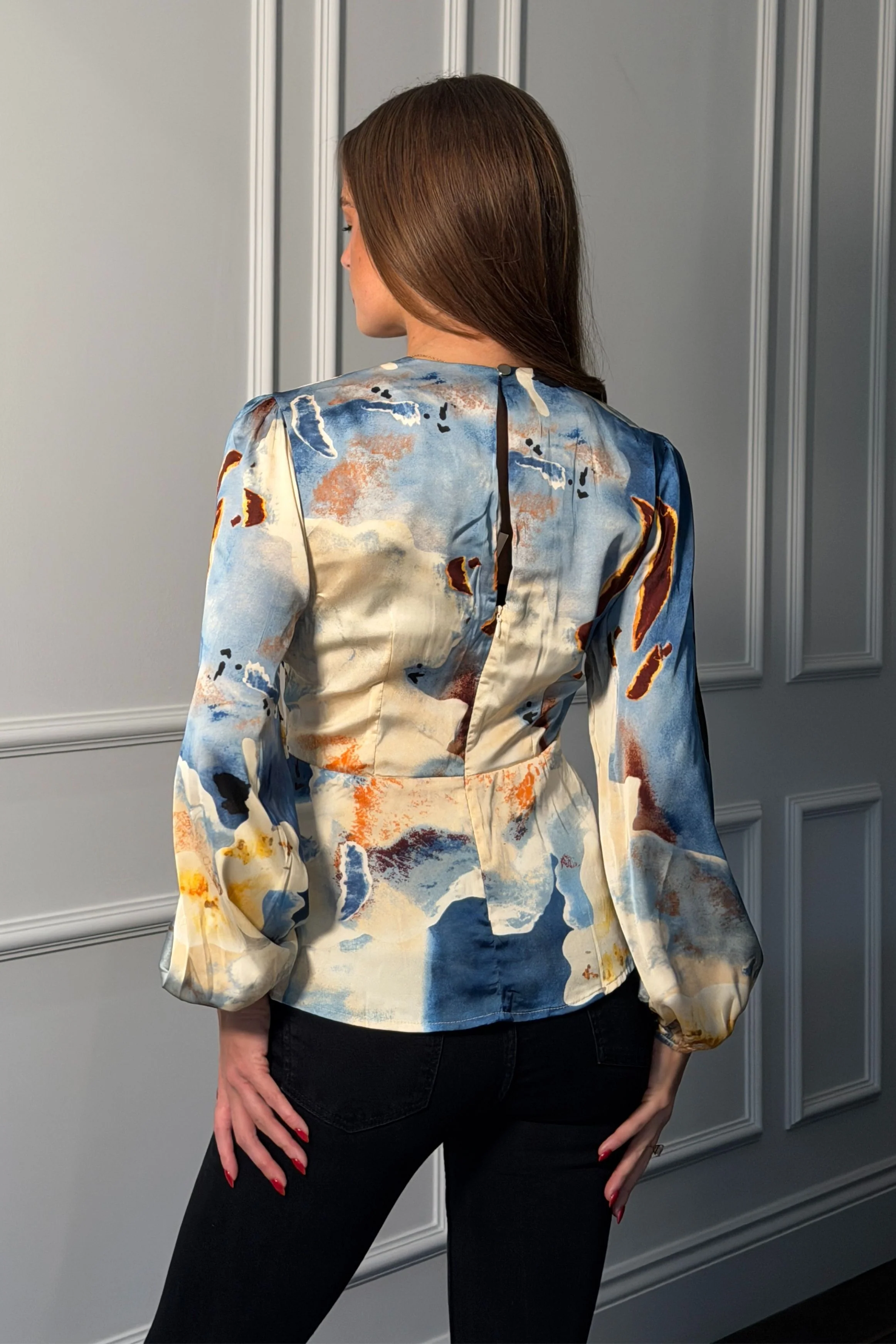 Brooke Blue Marble Print Tie Front Top - Image 4