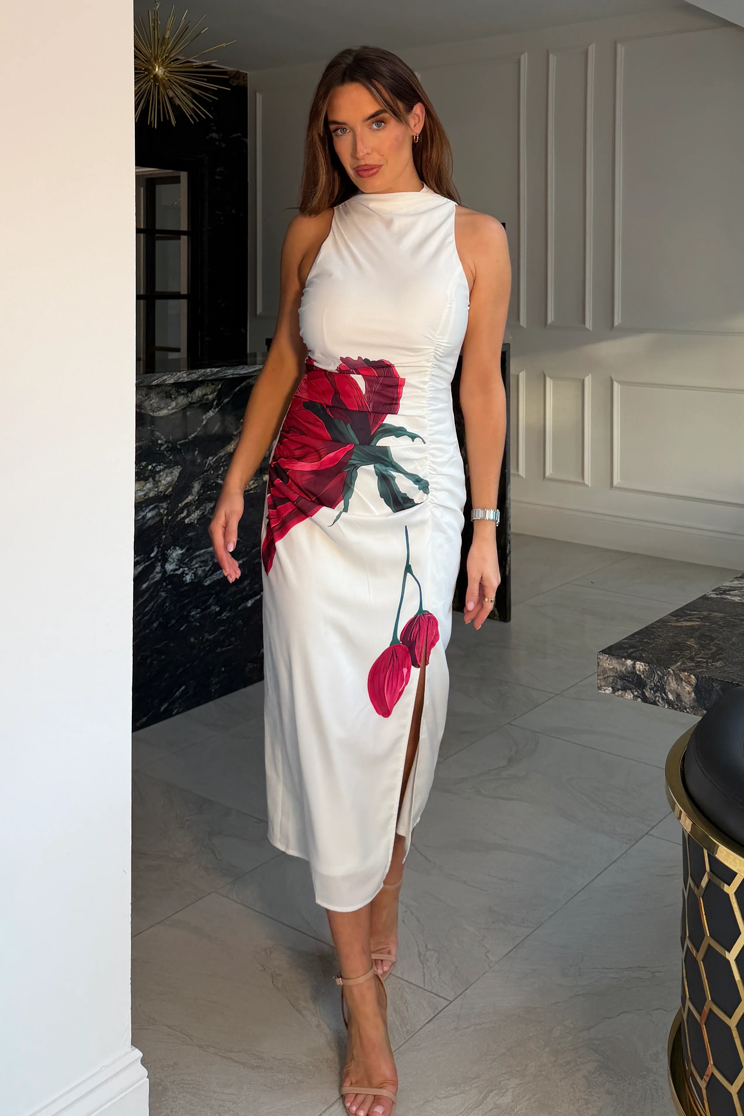 Marta Large Floral High Neck Ruched Detail Midi Dress - Image 3