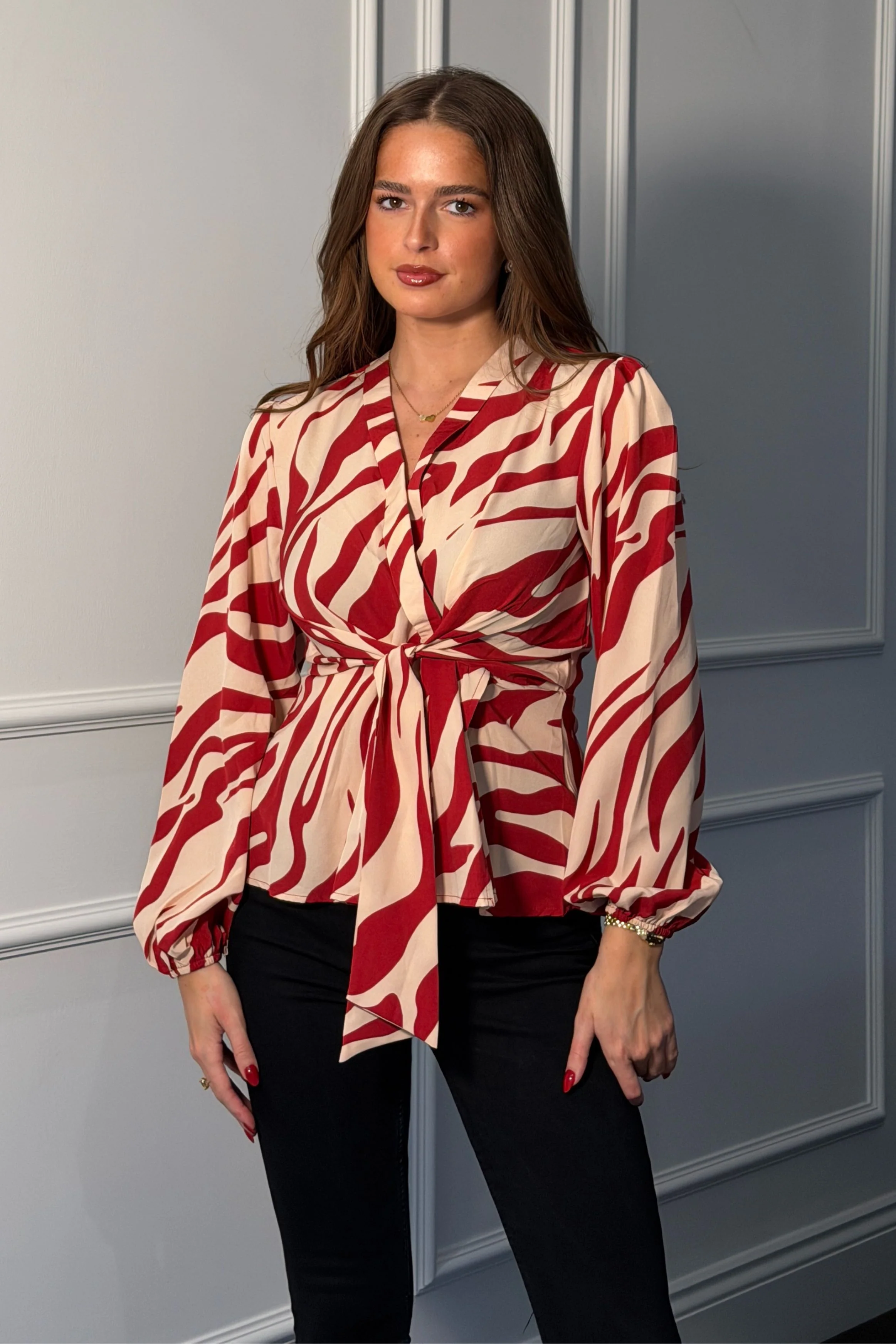 Brooke Red Animal Print Tie Front Top - Image 3