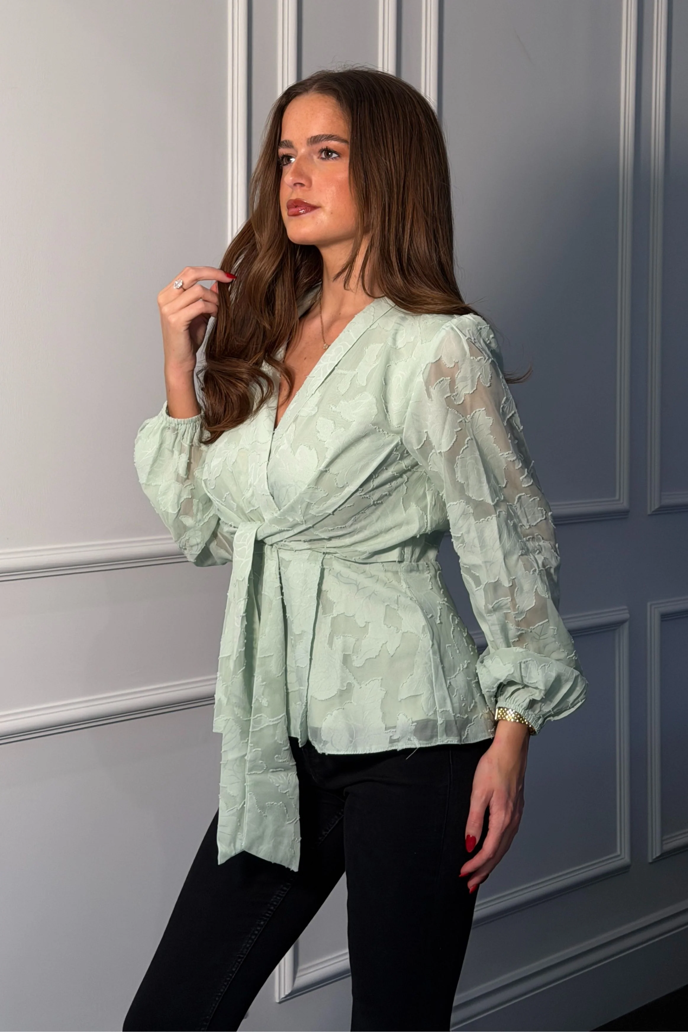 Brooke Wrap Tie Long Sleeve Burnout Mint - Image 4