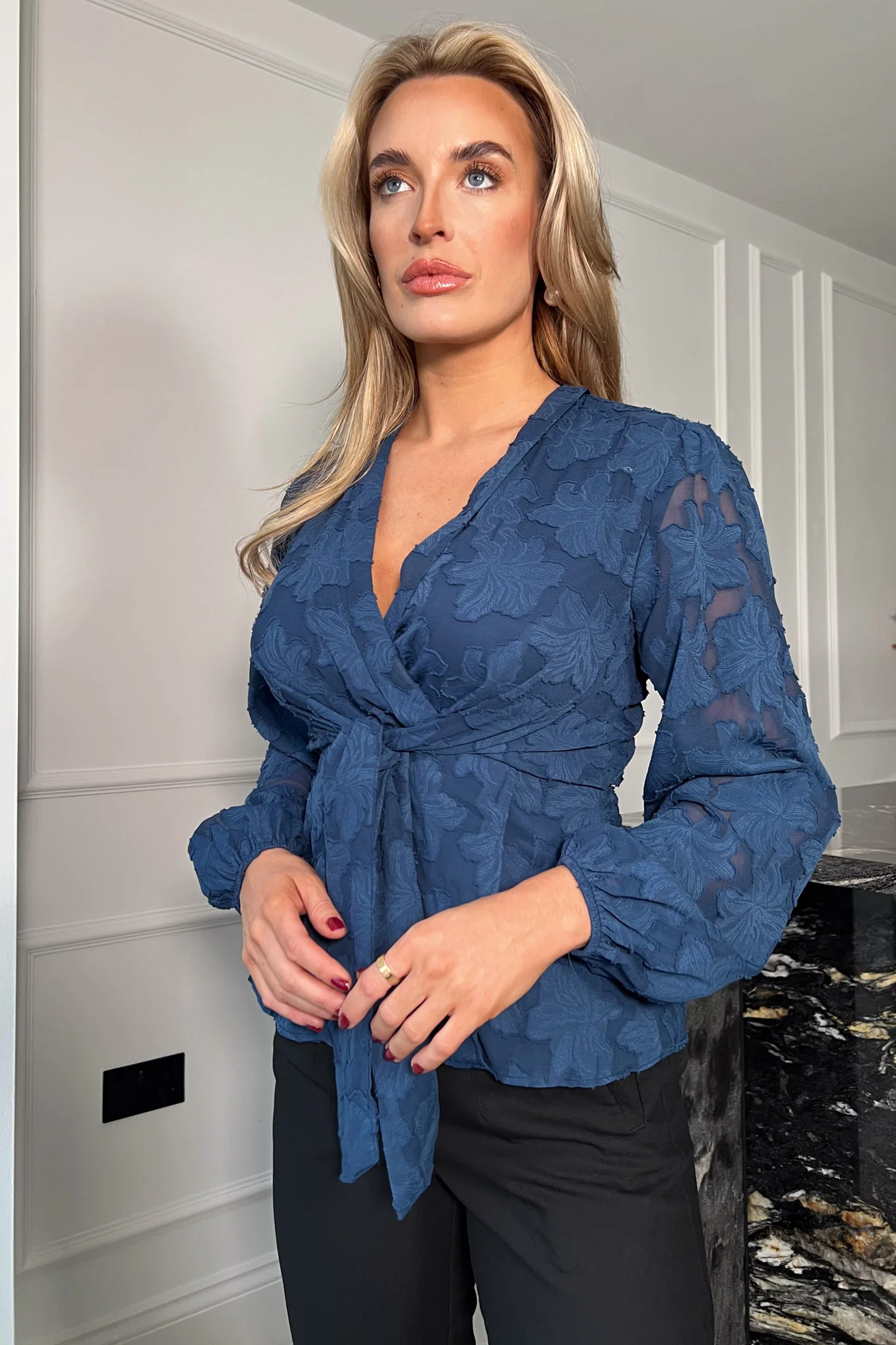 Brooke Wrap Tie Long Sleeve Burnout Navy - Image 2
