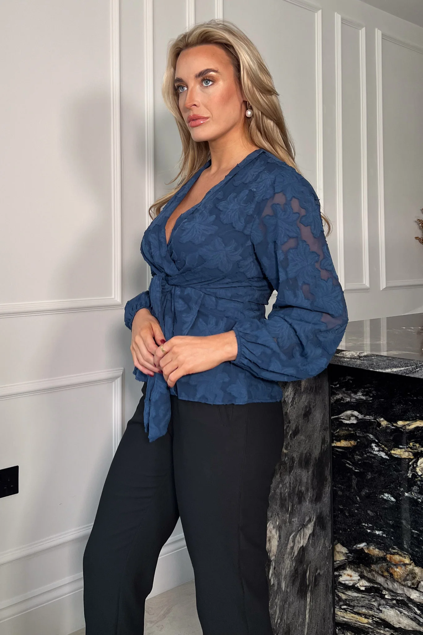 Brooke Wrap Tie Long Sleeve Burnout Navy - Image 4