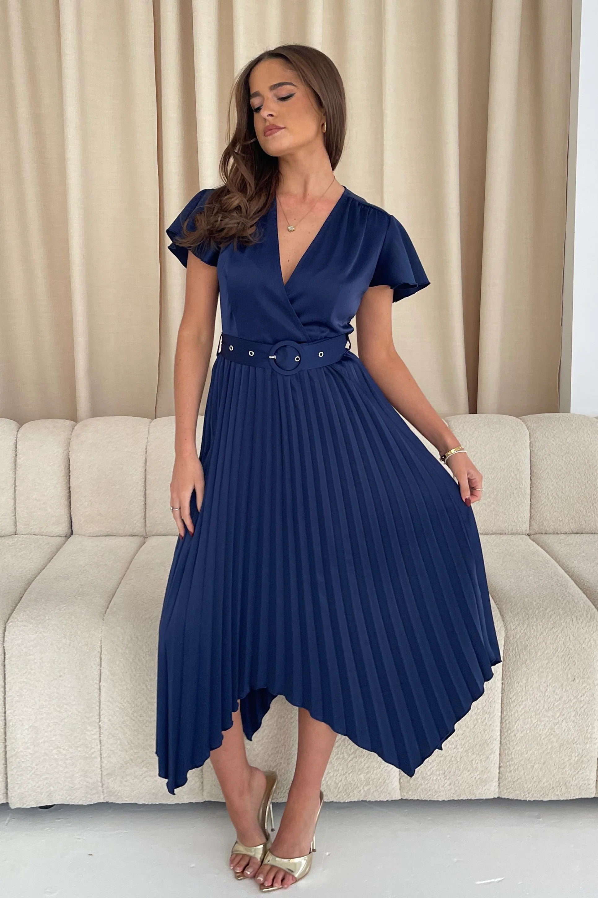 Brooklyn Asymmetric Pleated Belted Midi Dress Navy - Image 3