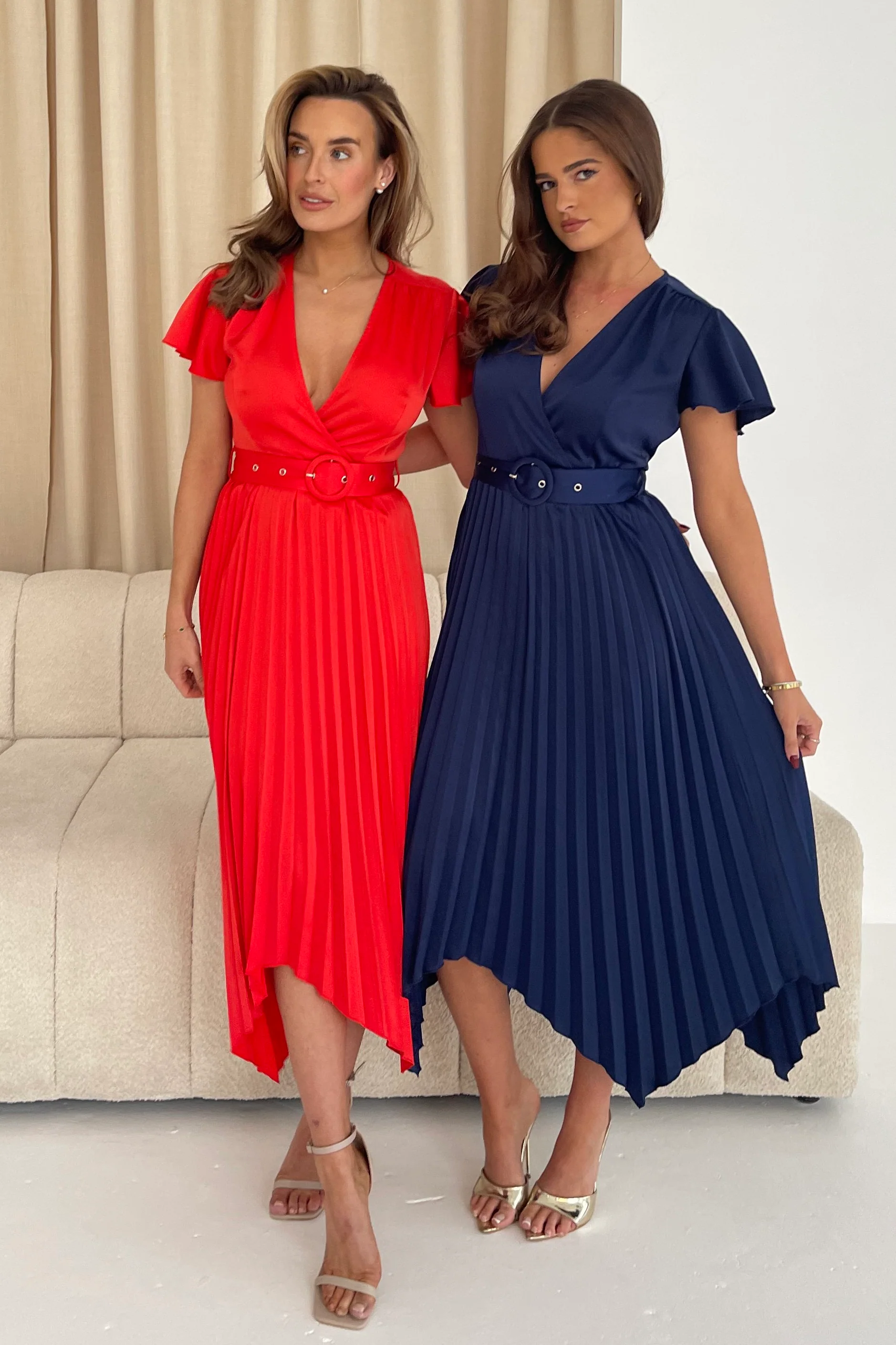 Brooklyn Asymmetric Pleated Belted Midi Dress Navy - Image 4