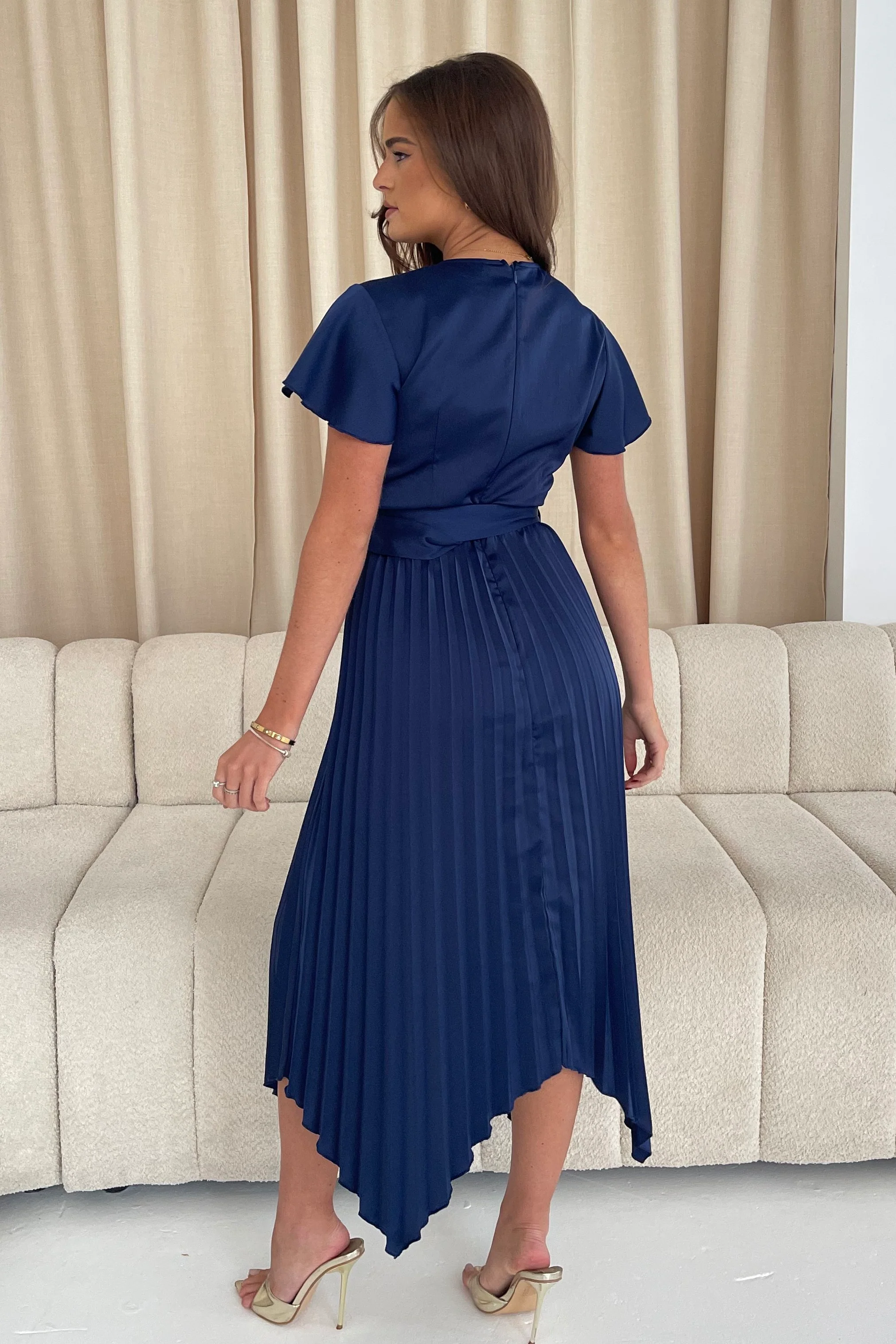 Brooklyn Asymmetric Pleated Belted Midi Dress Navy - Image 6