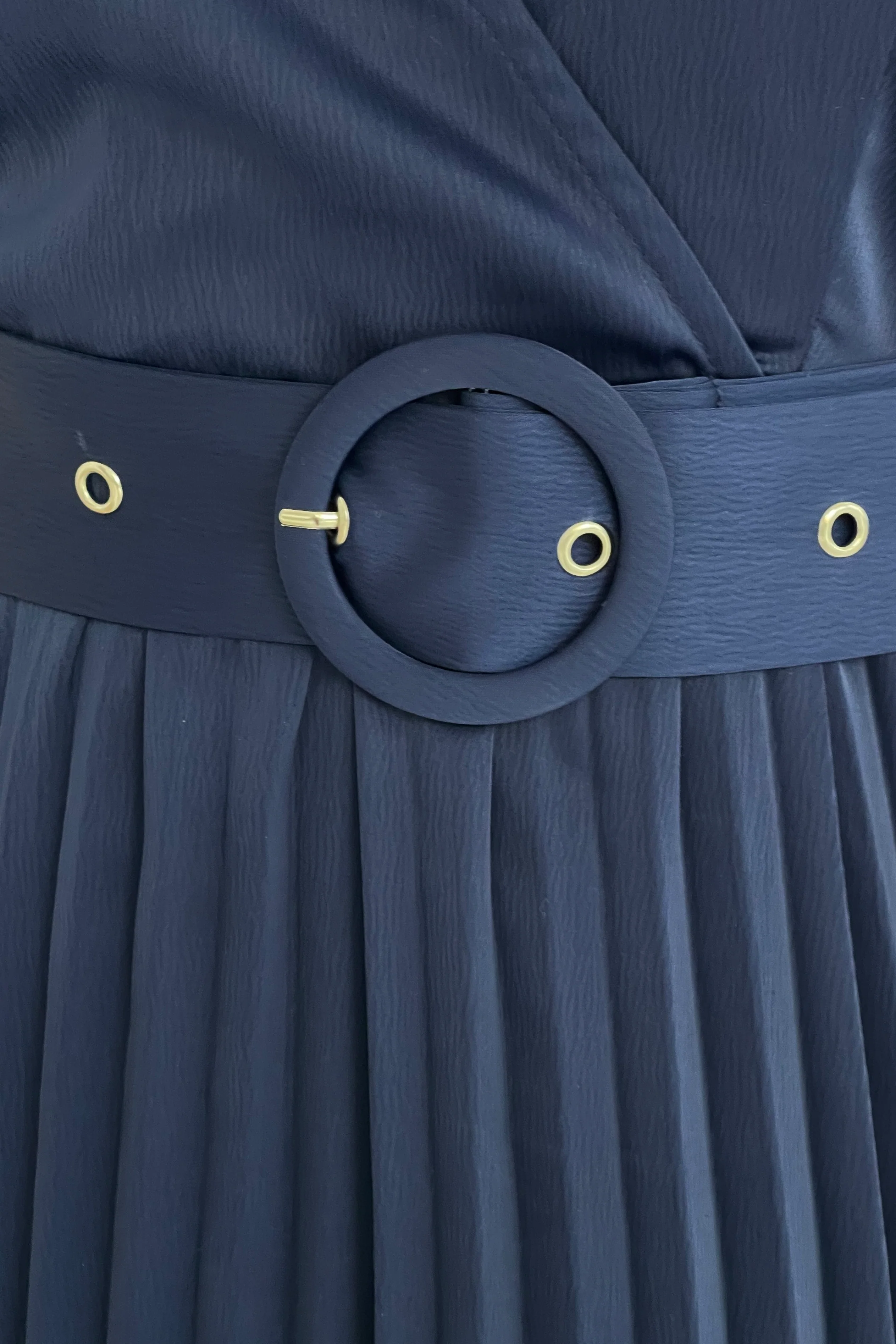 Brooklyn Asymmetric Pleated Belted Midi Dress Navy - Image 7