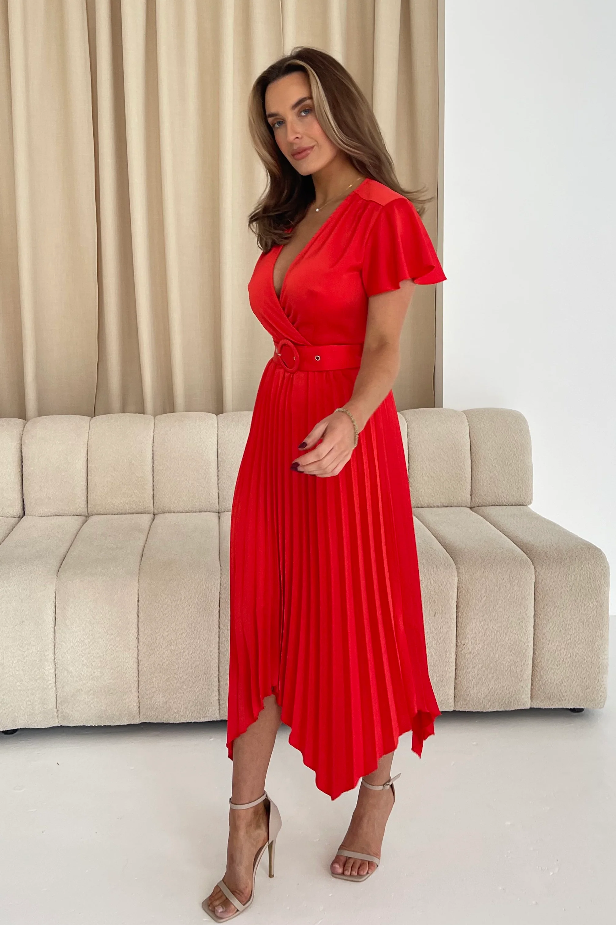 Brooklyn Asymmetric Pleated Belted Midi Dress Red - Image 5