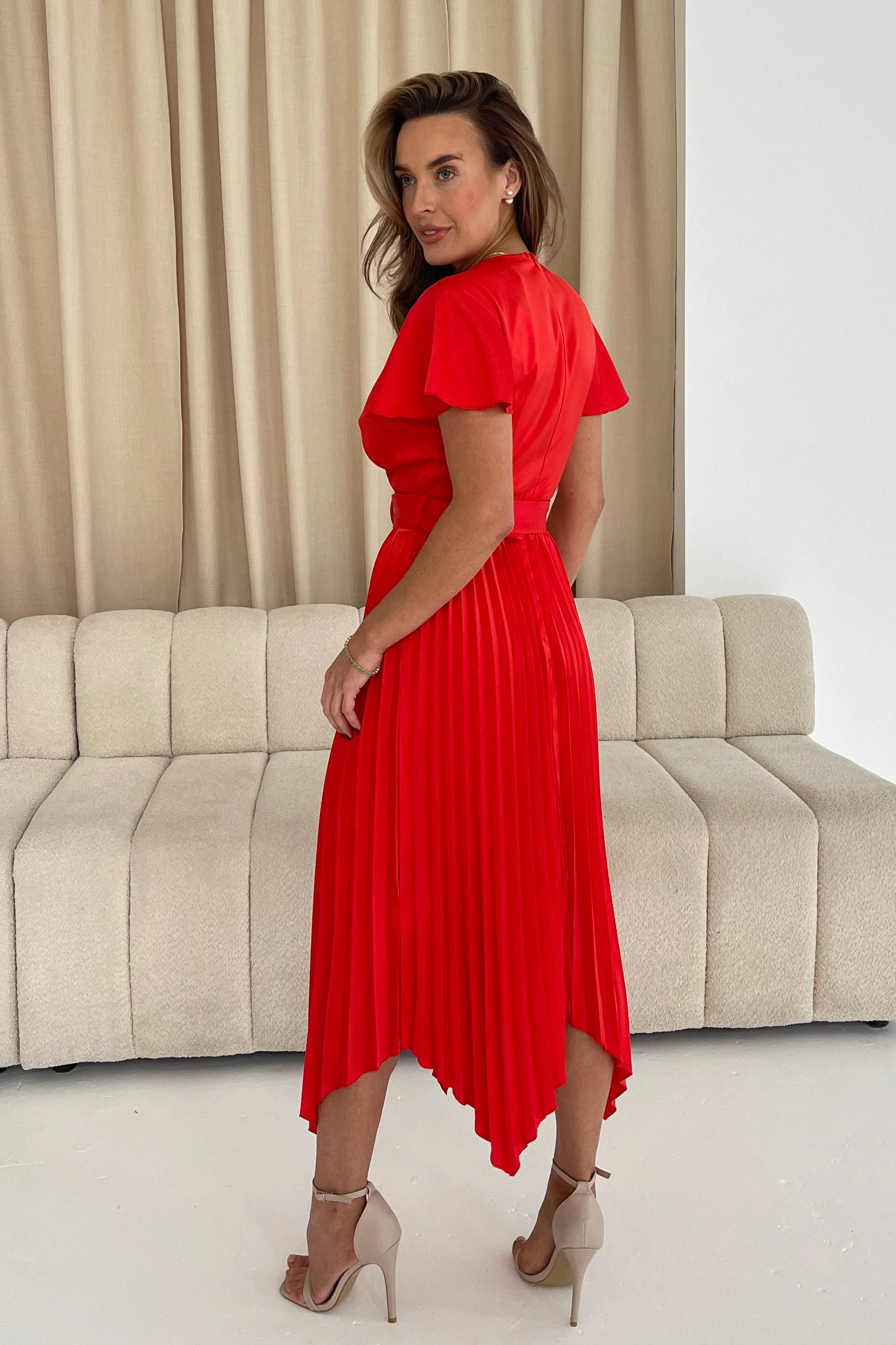 Brooklyn Asymmetric Pleated Belted Midi Dress Red - Image 6
