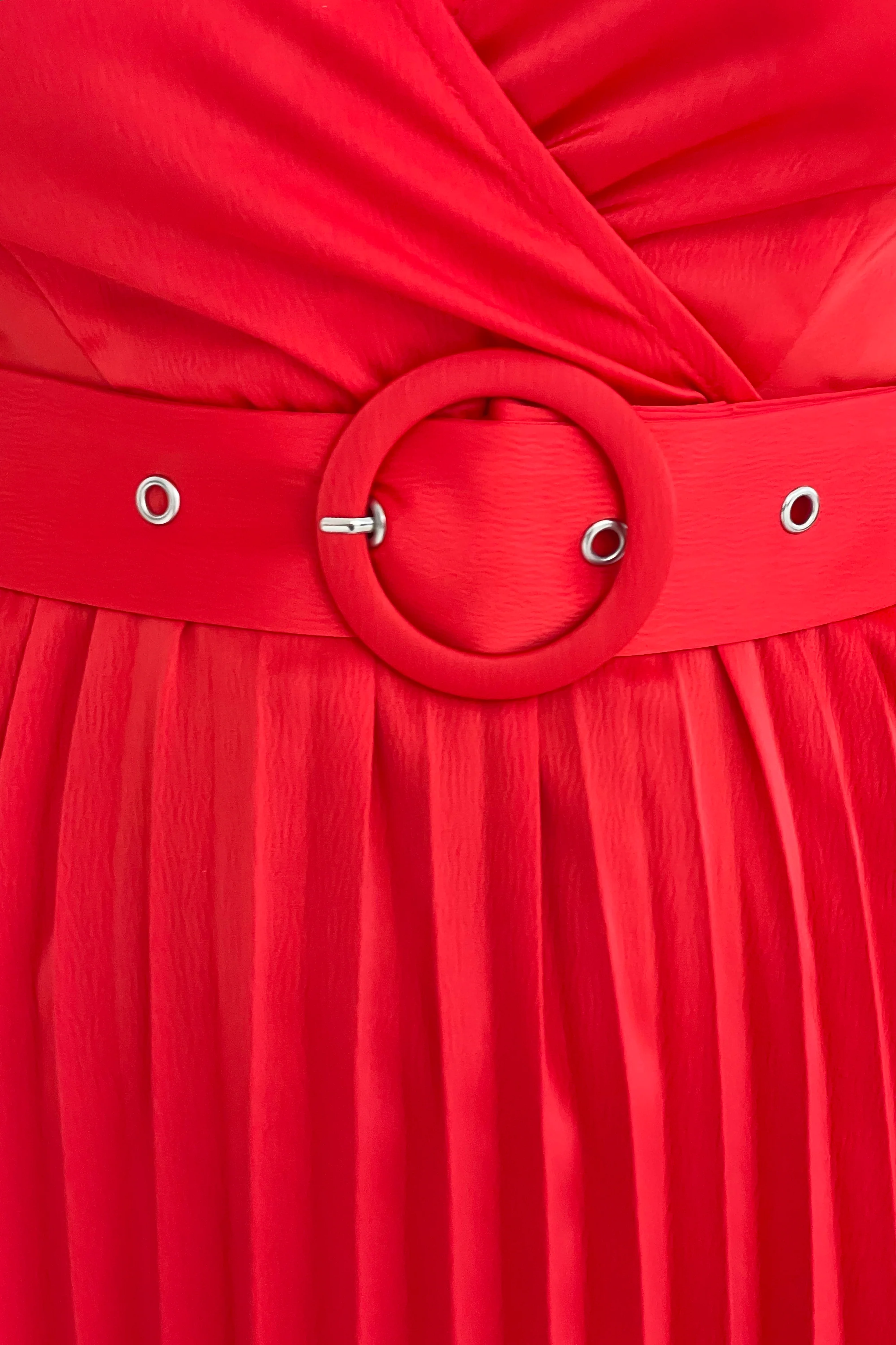 Brooklyn Asymmetric Pleated Belted Midi Dress Red - Image 7
