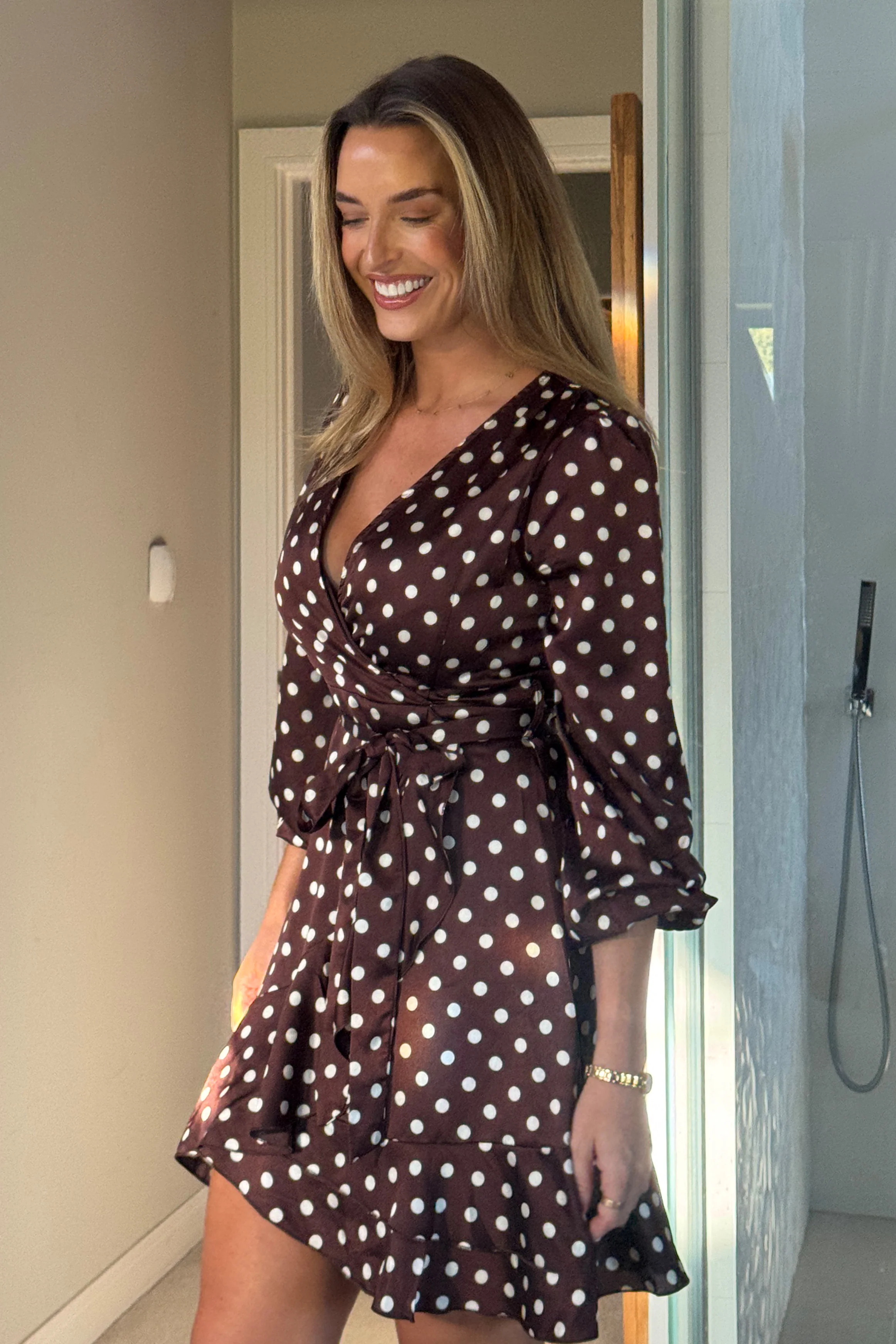 Bryce Wrap Front Long Sleeve Mini Dress Brown Spot - Image 4