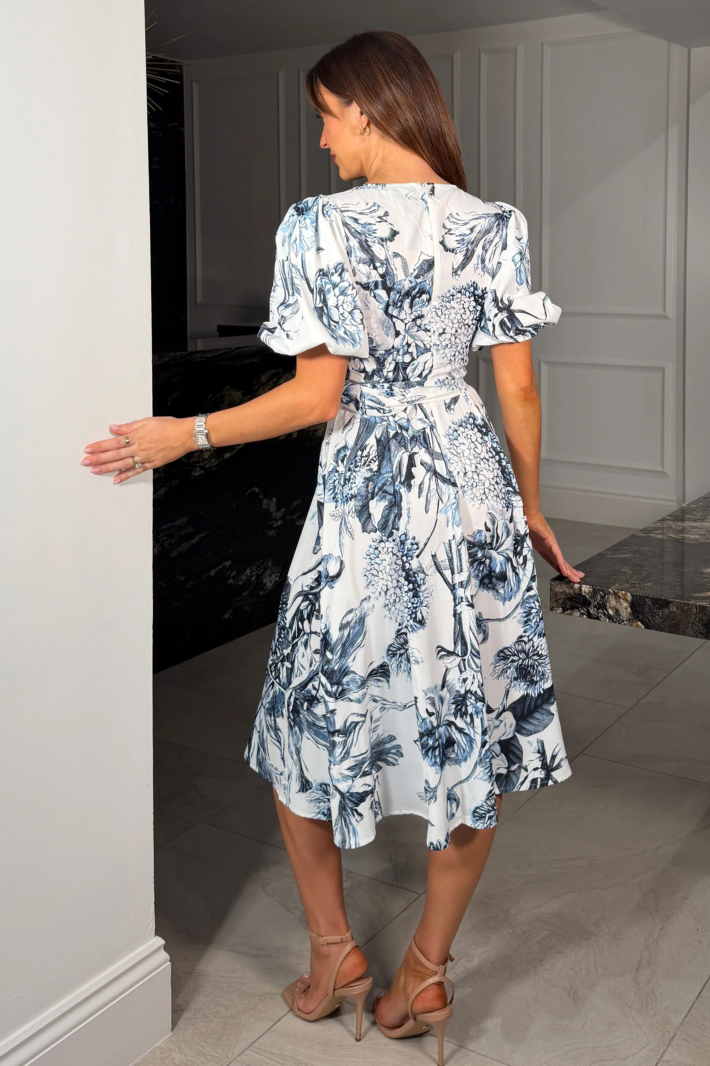 Bryn V Neck Puff Sleeve Belted Midi Dress Blue Floral - Image 6