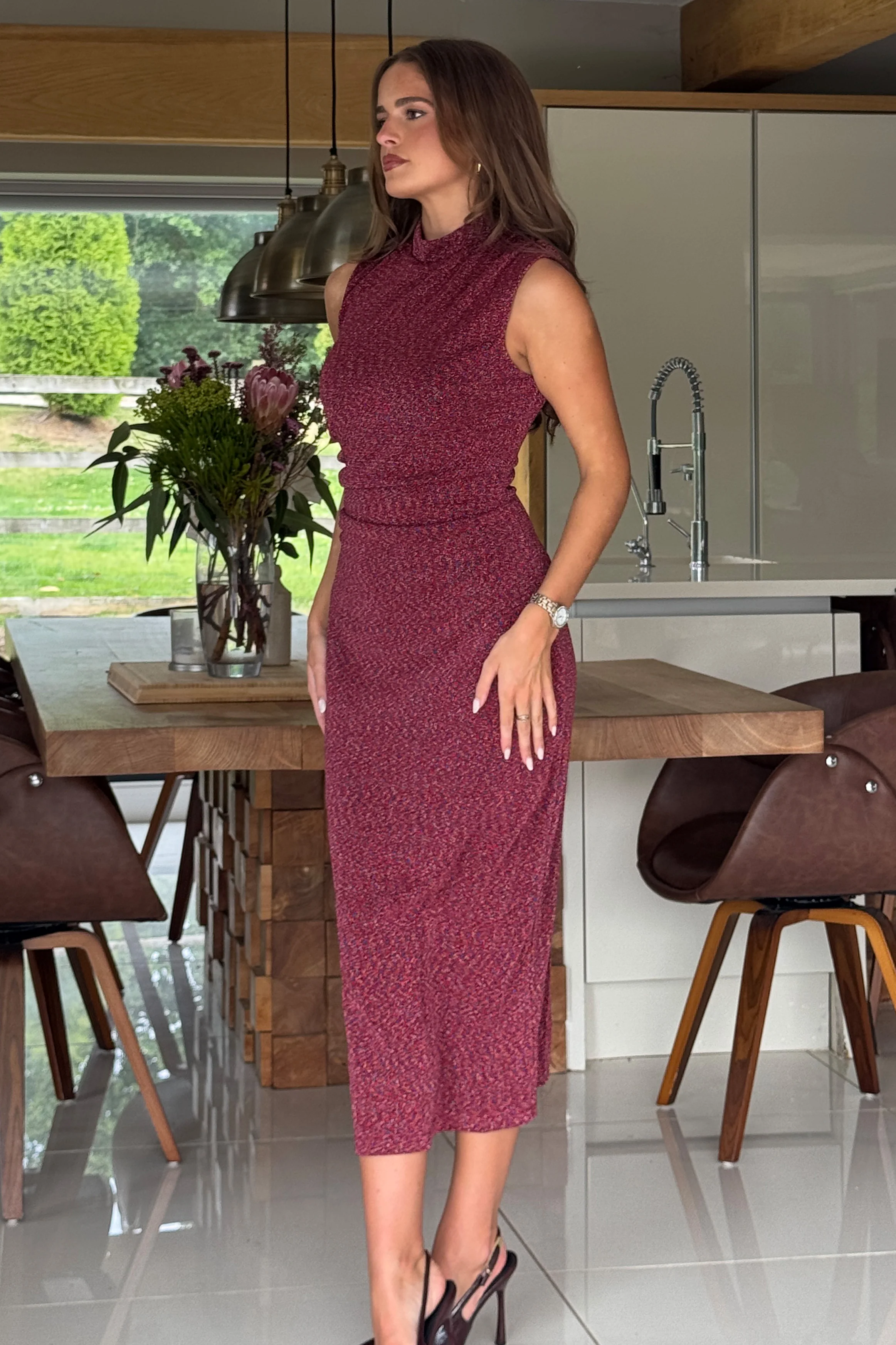 Calista Red Shimmer Maxi Dress - Image 3