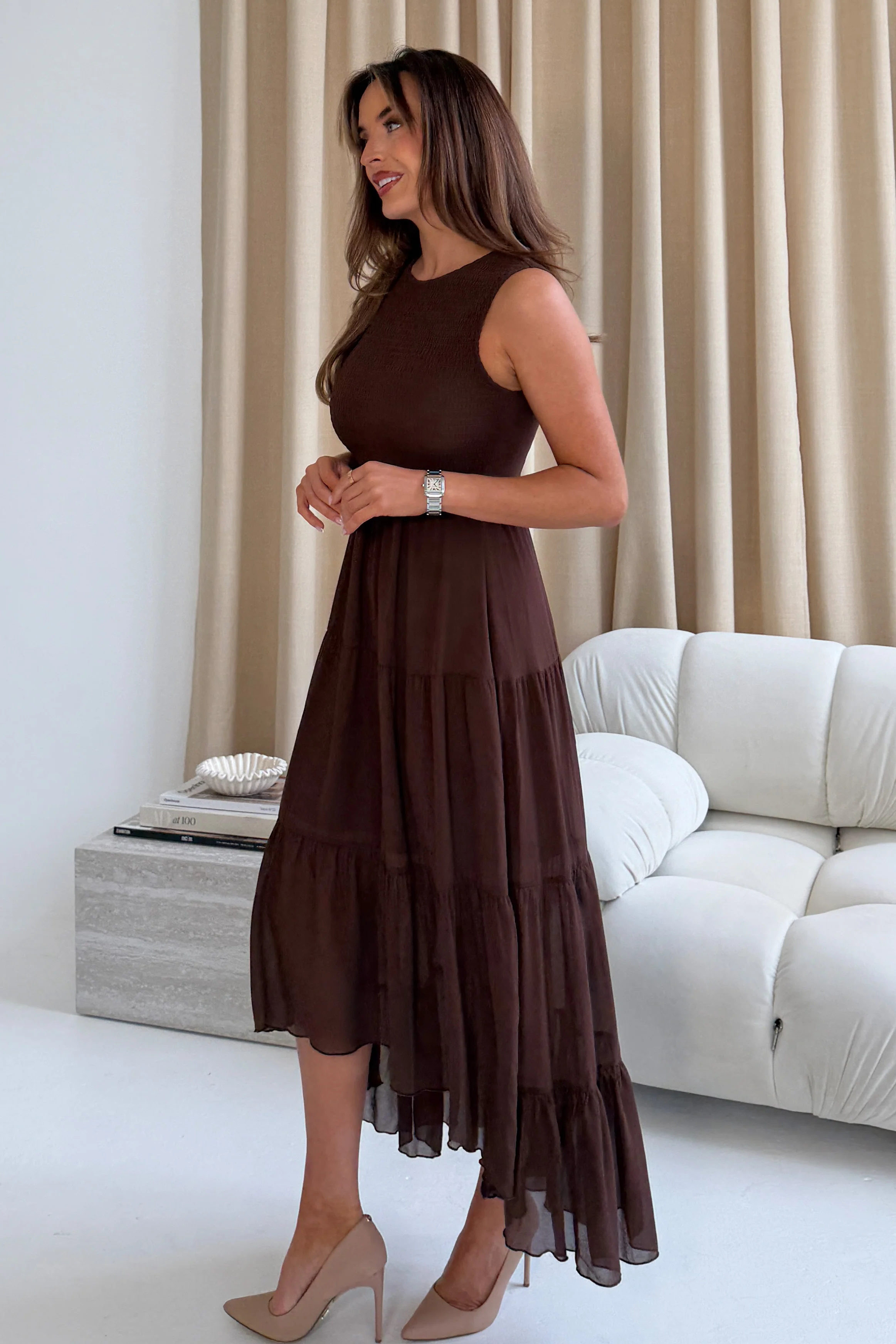 Calla Shirred Top Tiered Midi Dress Brown - Image 3