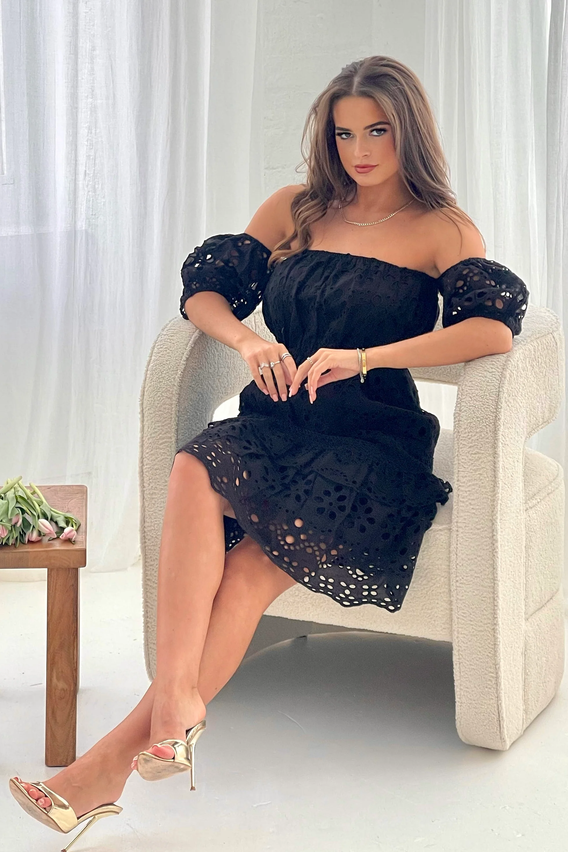 Camden Broidery Off Shoulder Dress Black - Image 2