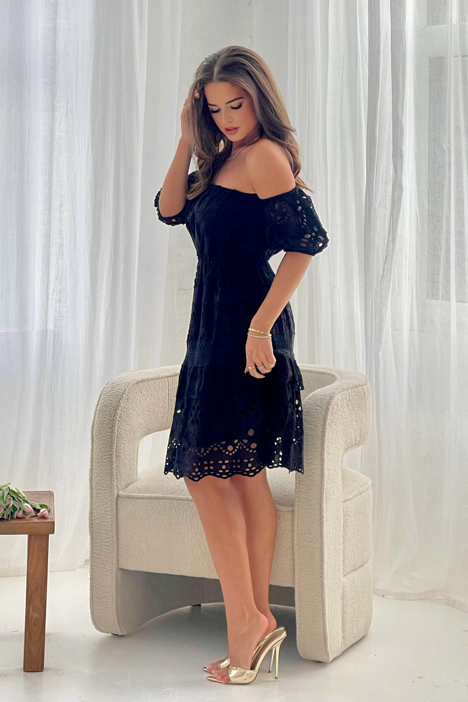 Camden Broidery Off Shoulder Dress Black - Image 3