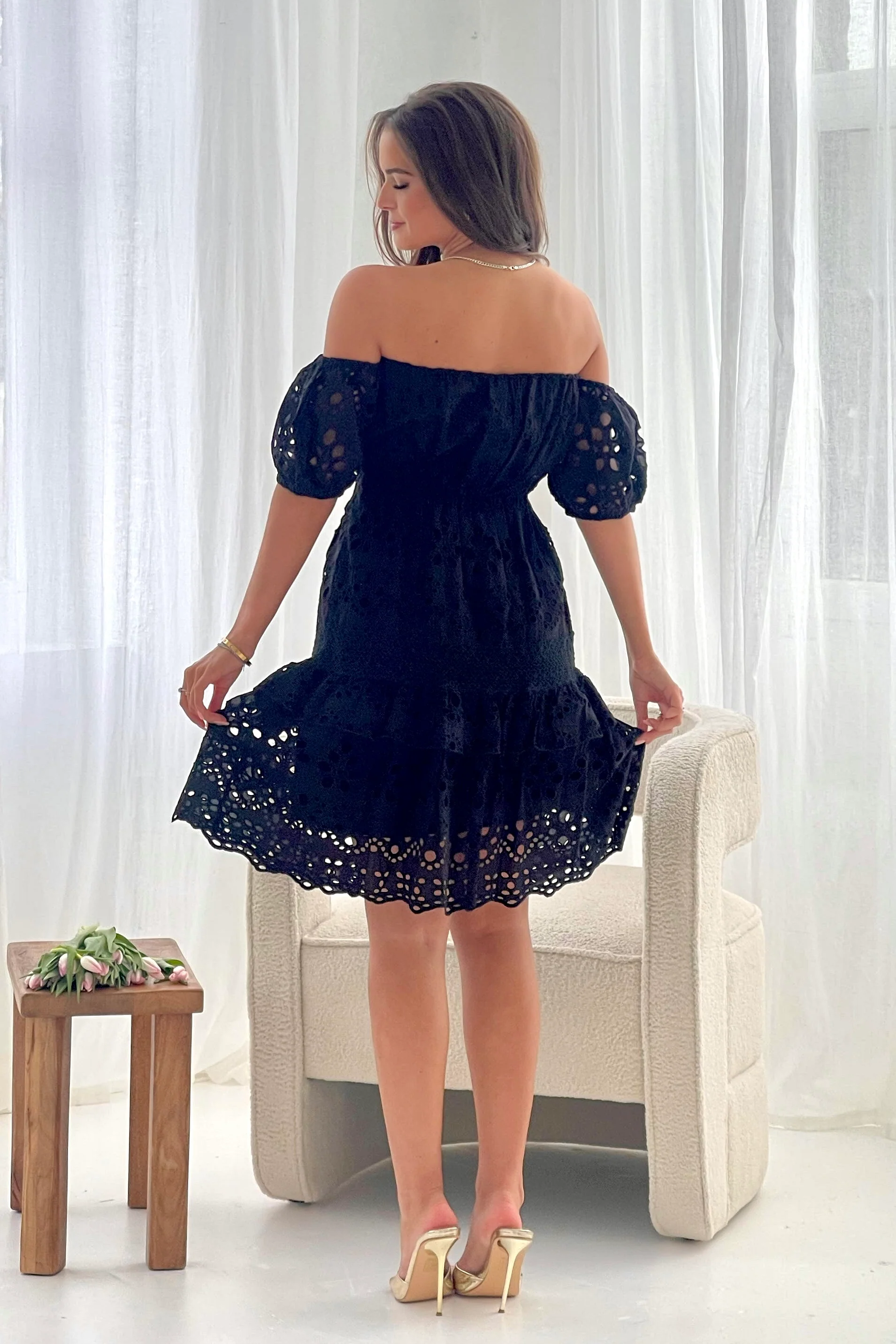 Camden Broidery Off Shoulder Dress Black - Image 4