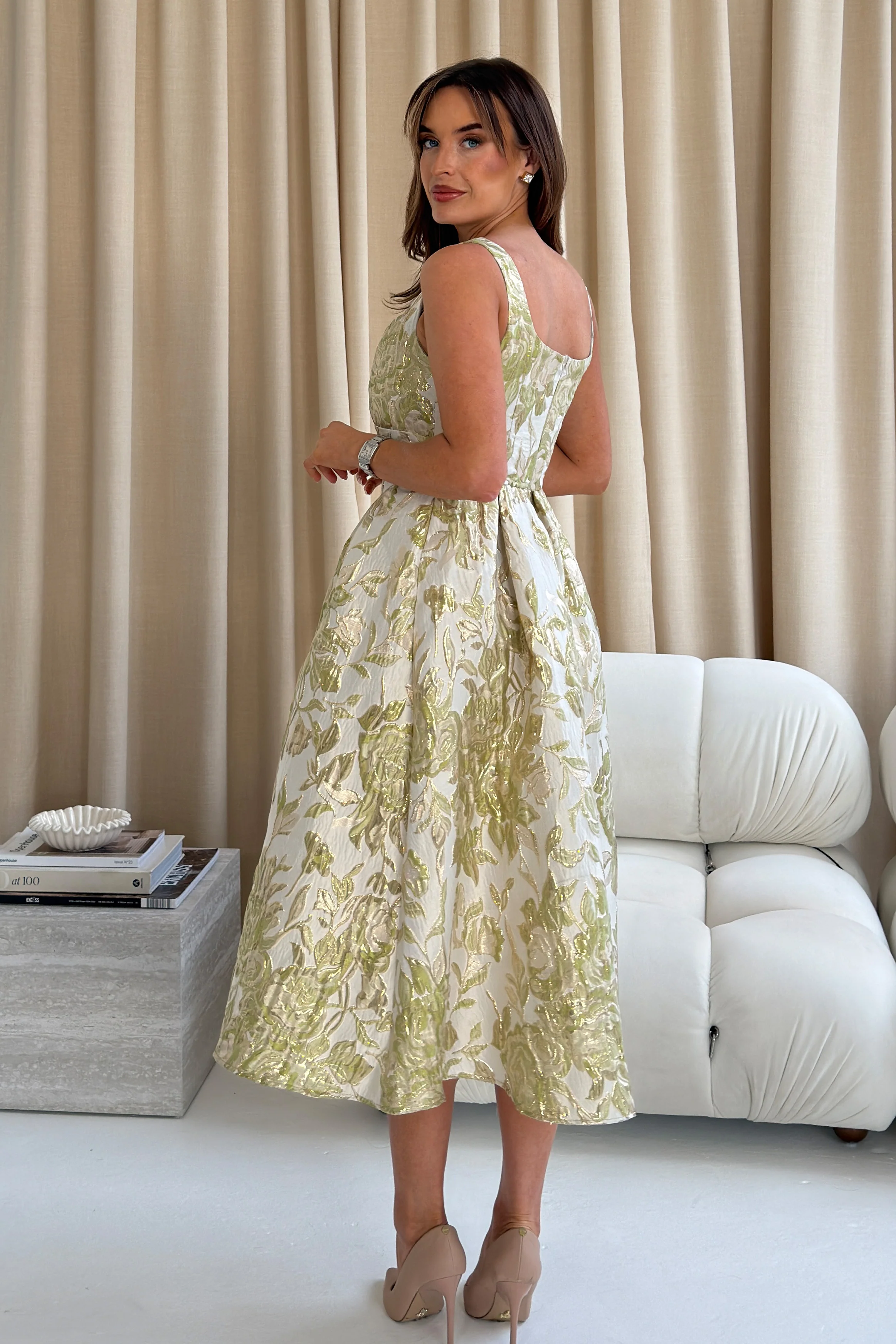 Camelia Sweetheart Neckline Midi Dress Green Floral - Image 7