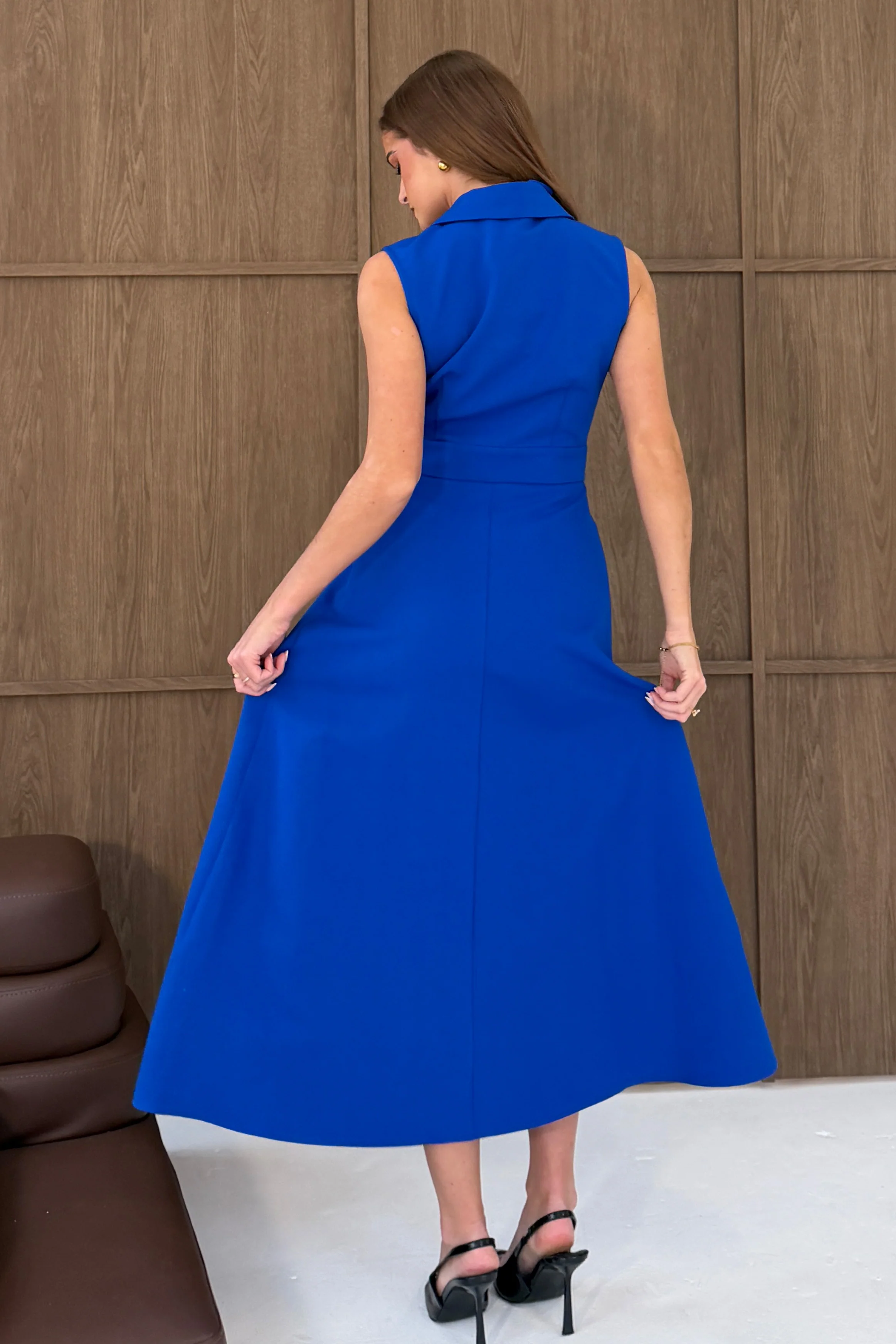 Cameron Collared Tailored Gold Button Shirt Dress Cobalt - Image 5