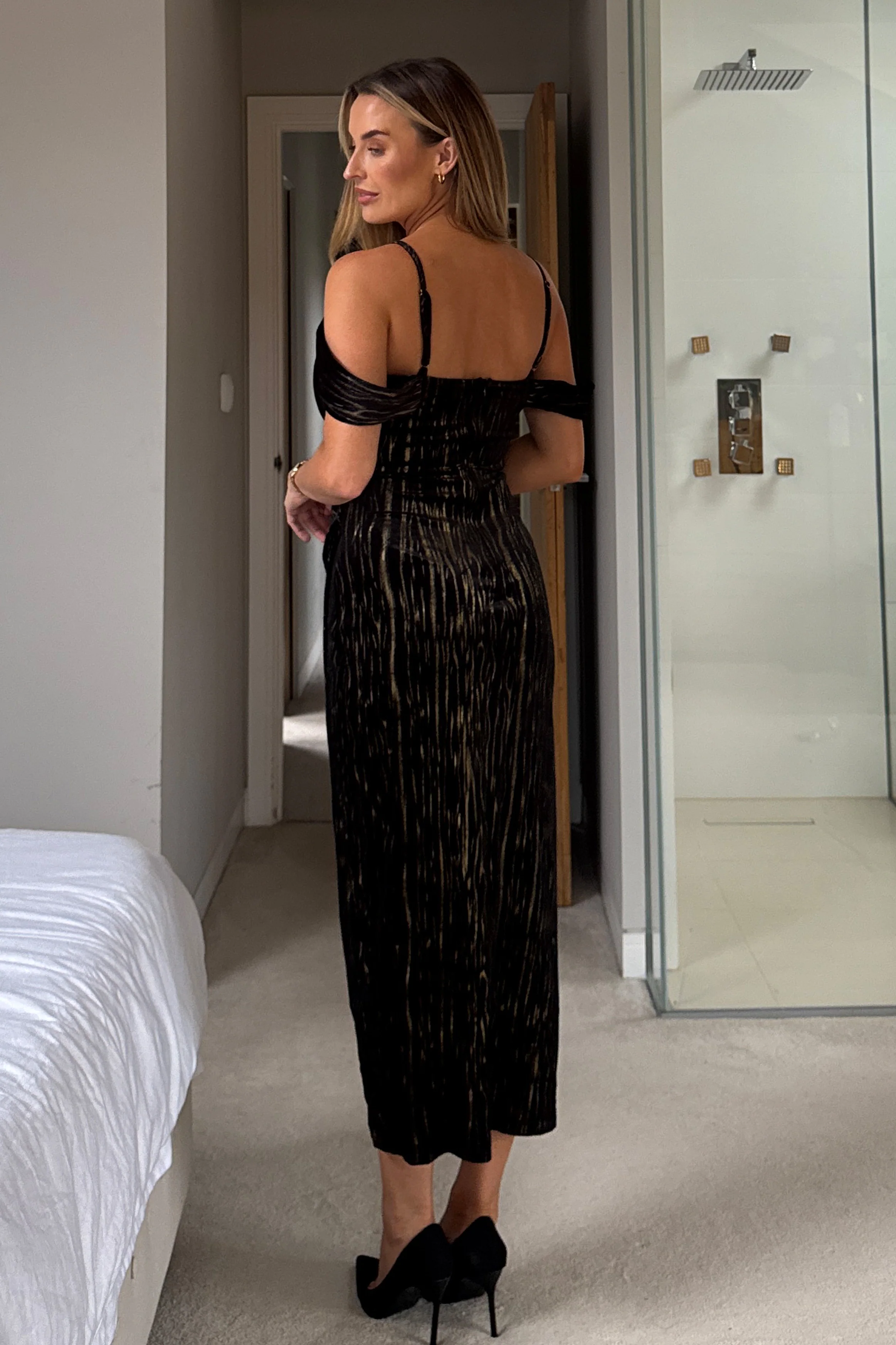 Camila Velvet Foil Wrap Over Midi Dress Black And Gold - Image 3