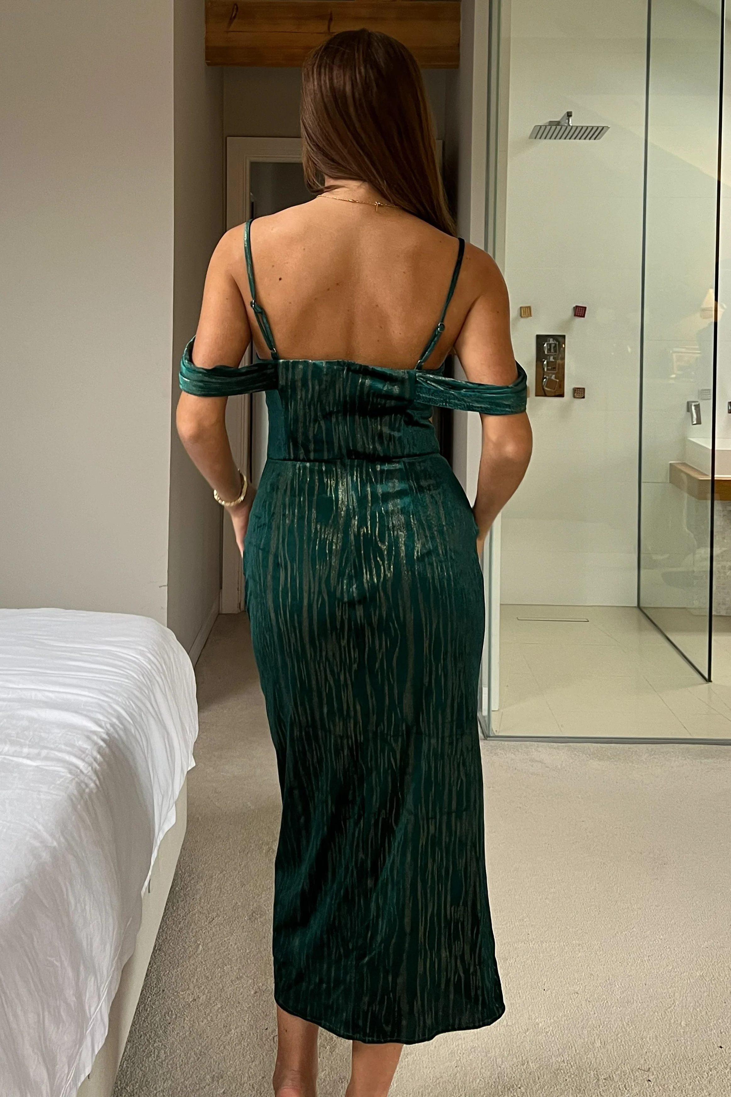 Camila Velvet Foil Wrap Over Midi Dress Green And Gold - Image 4