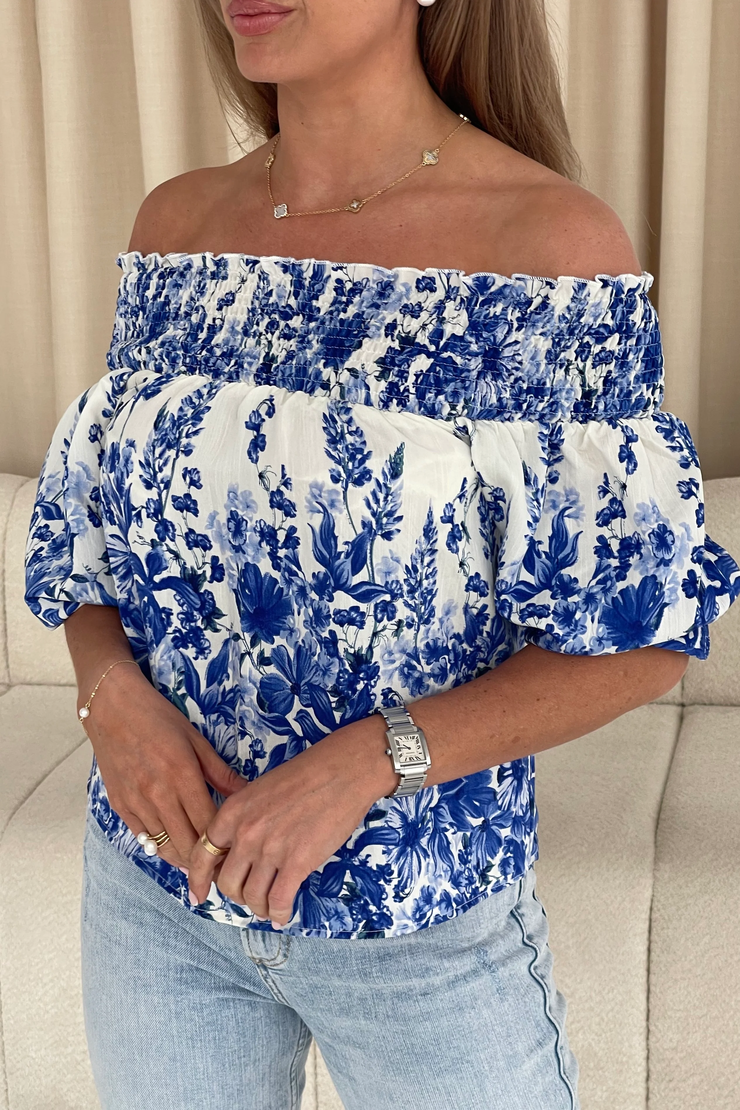 Candace Shirred Bardot Blue Floral Top - Image 2