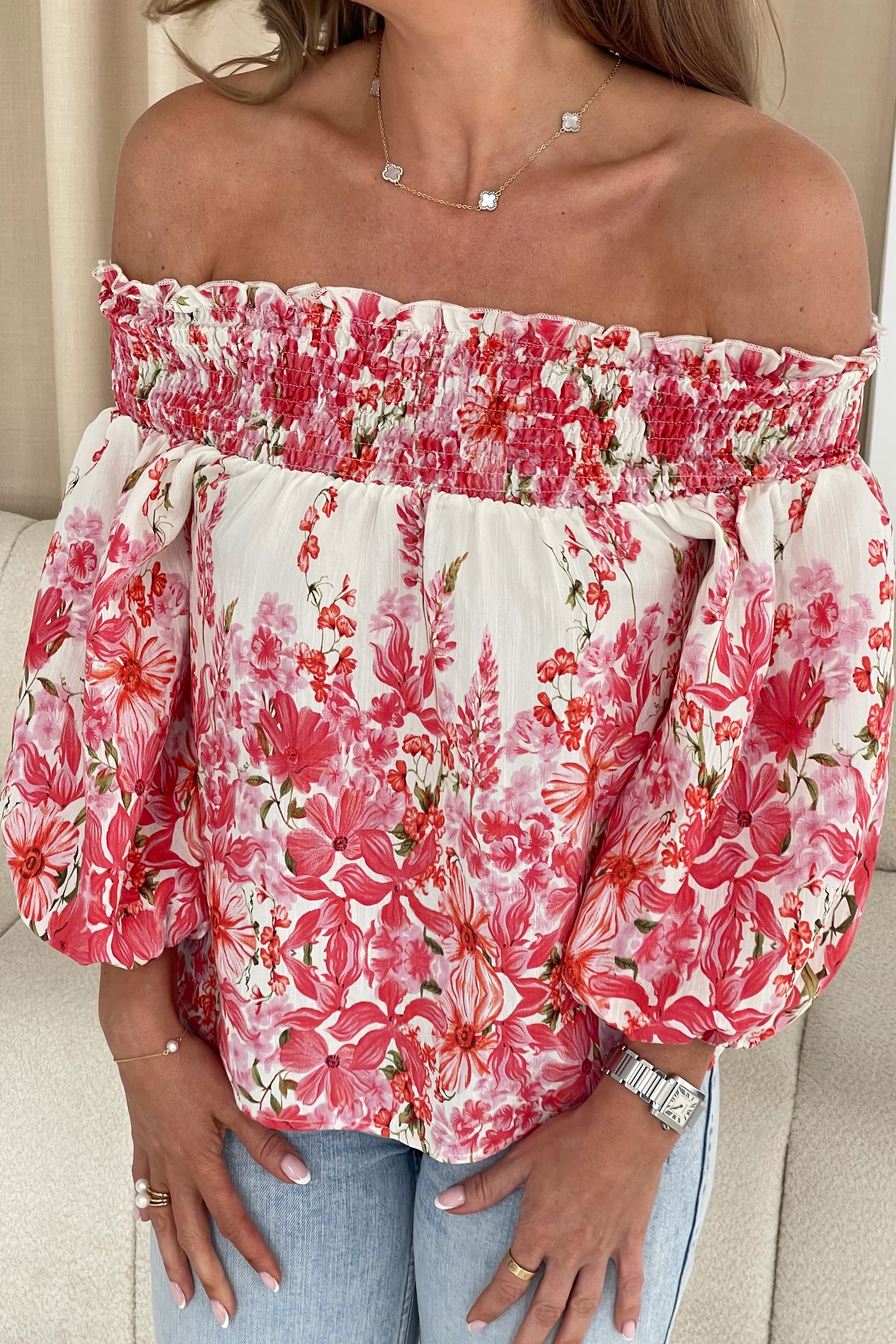 Candace Shirred Bardot Pink Floral Top - Image 2
