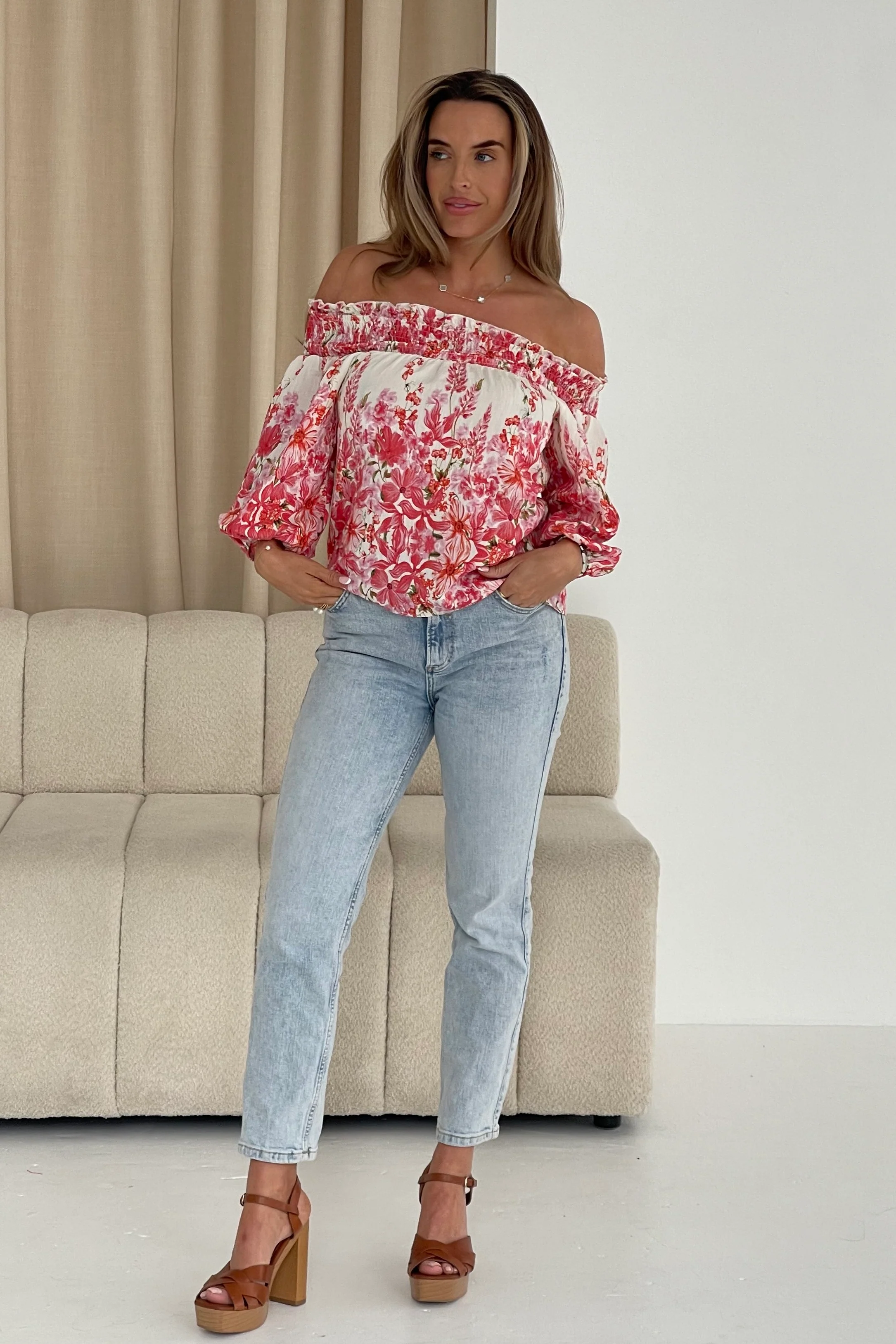 Candace Shirred Bardot Pink Floral Top - Image 3