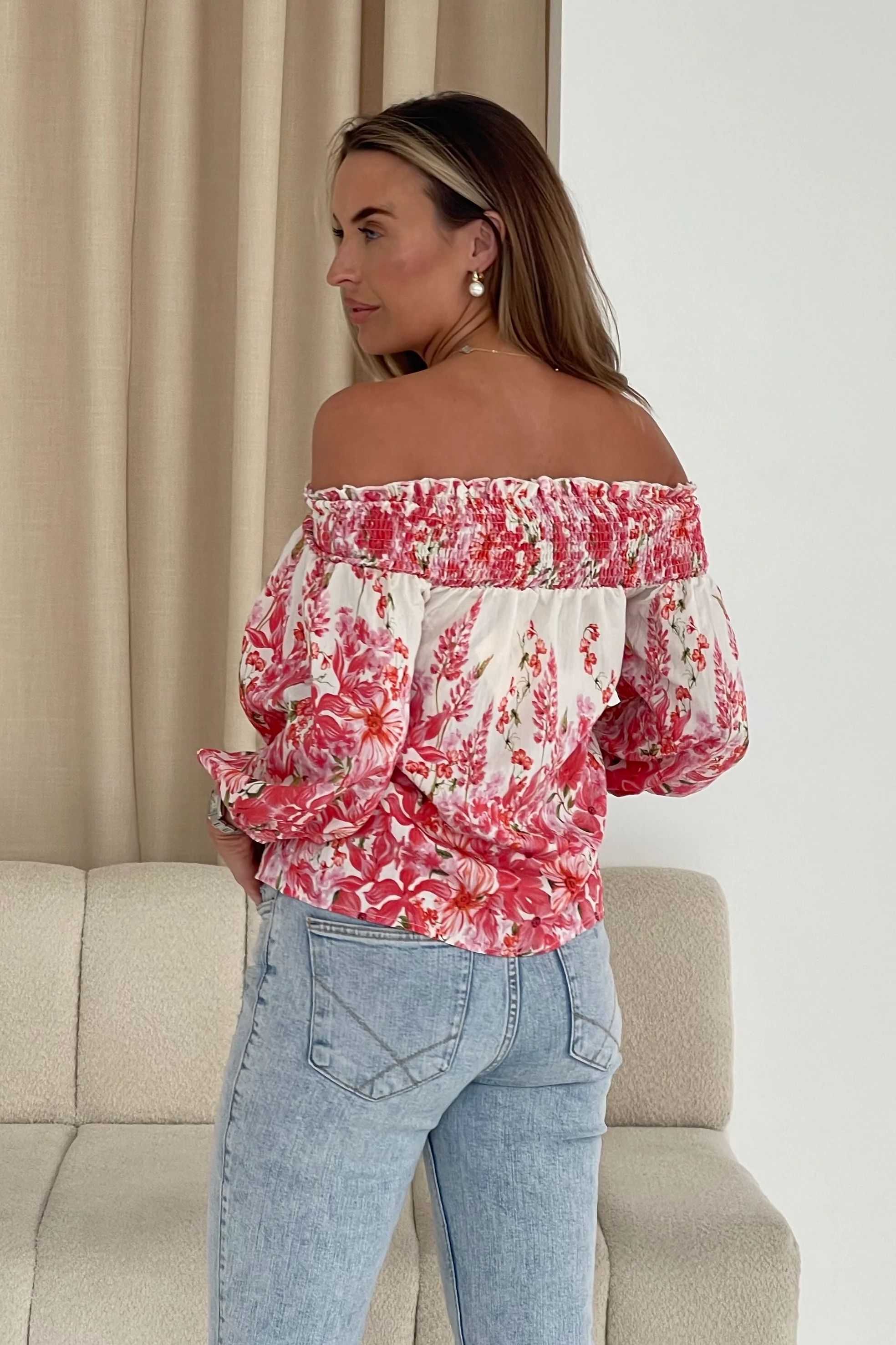 Candace Shirred Bardot Pink Floral Top - Image 5