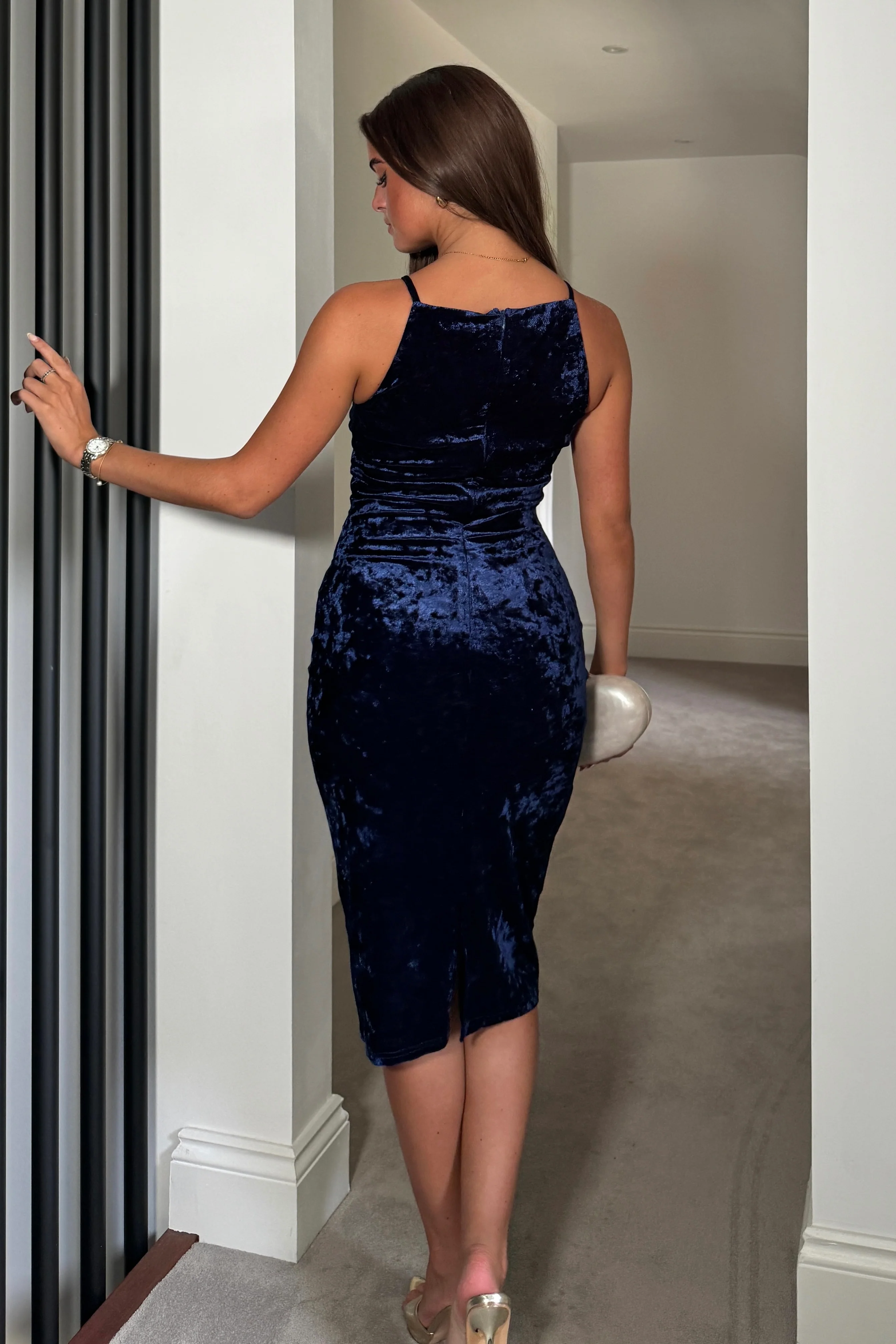 Carrie Navy Velvet Bodycon Midi Dress - Image 4