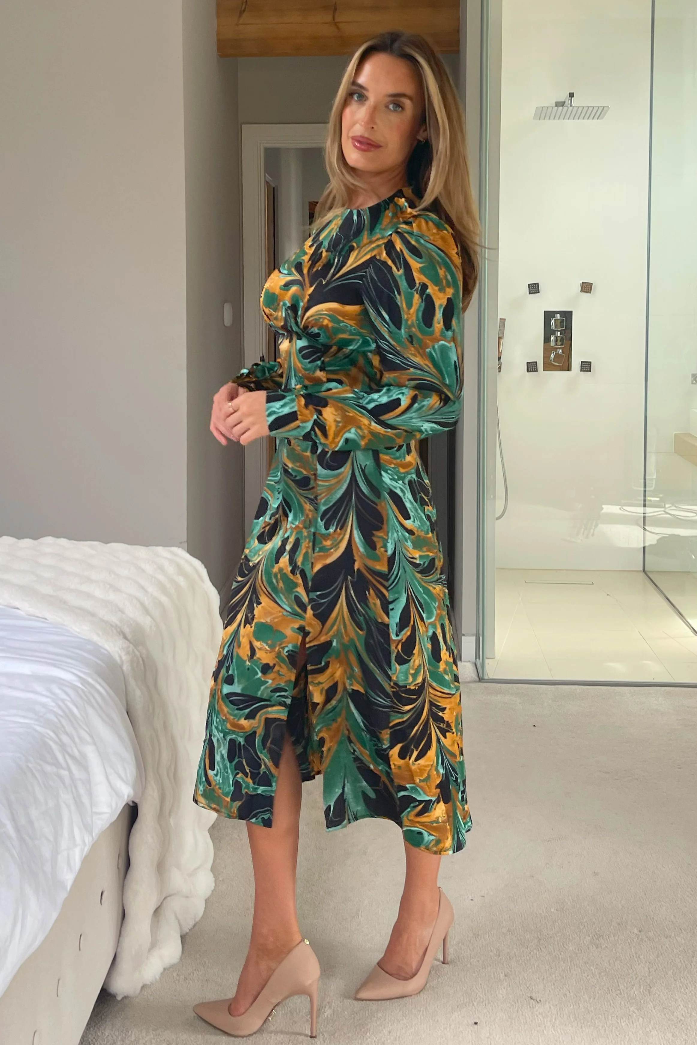 Cass Green Print Long Sleeve Midi Dress - Image 3