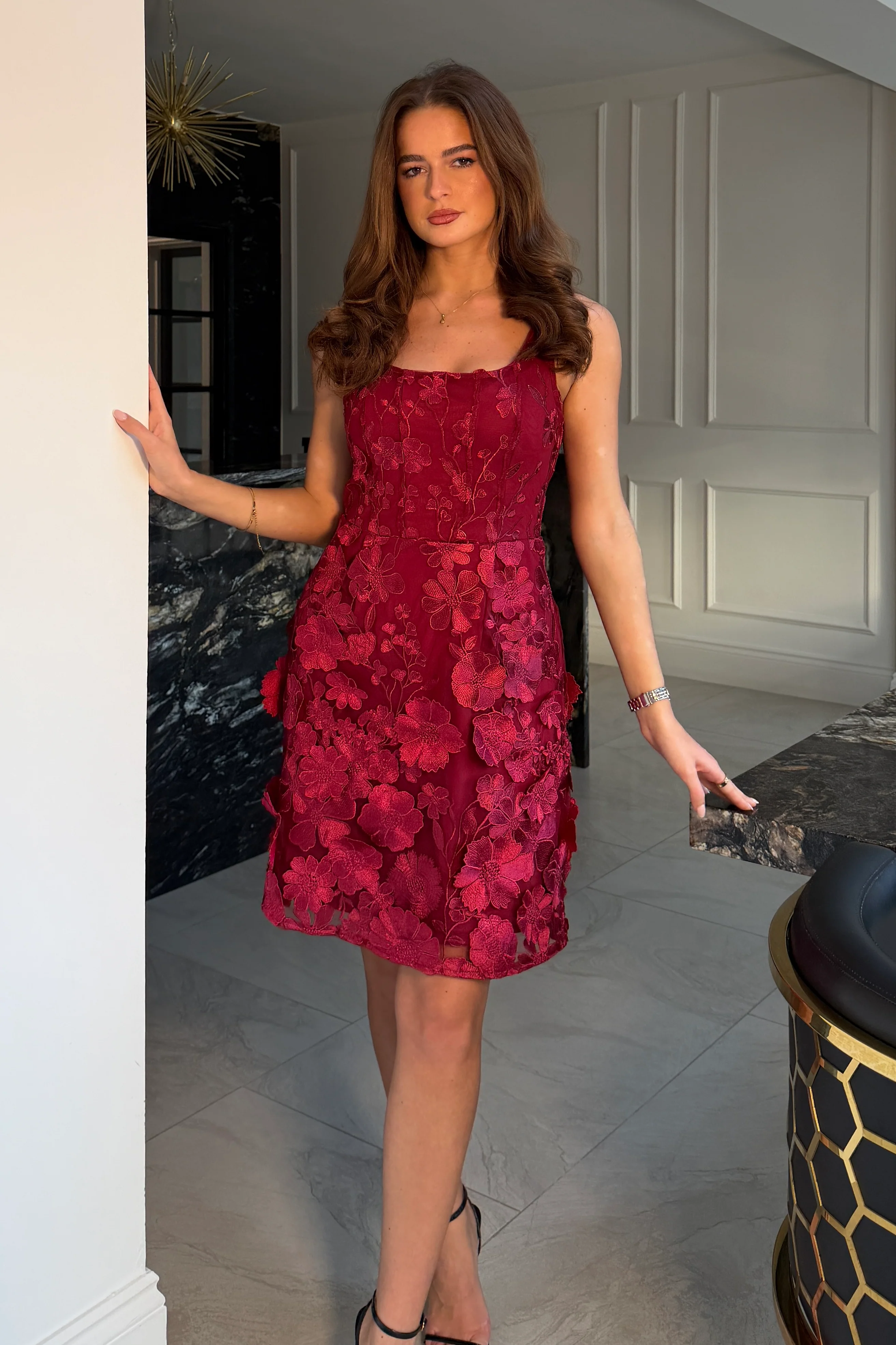 Celeste 3D Floral Square Neck Mini Dress Berry - Image 2