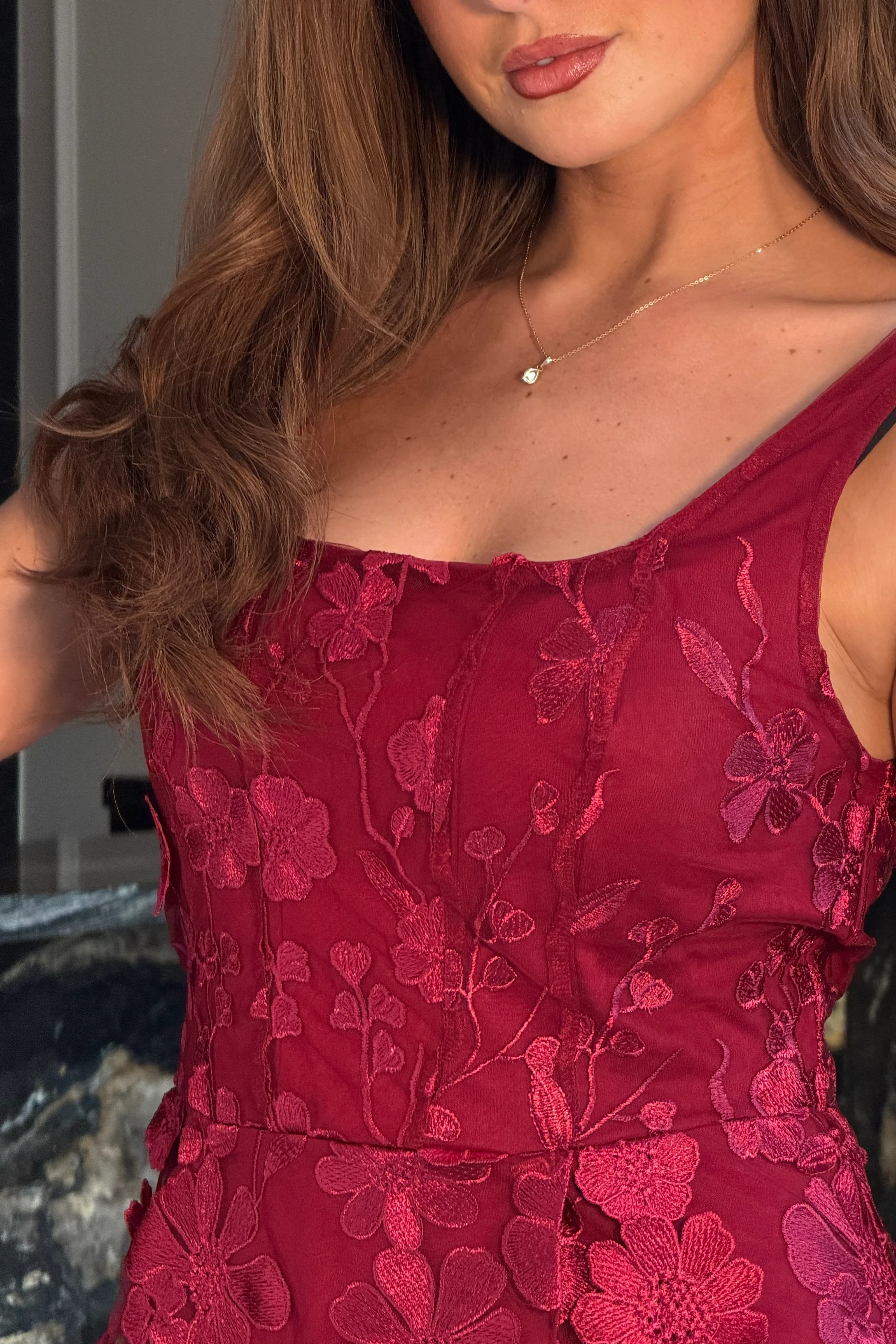 Celeste 3D Floral Square Neck Mini Dress Berry - Image 3