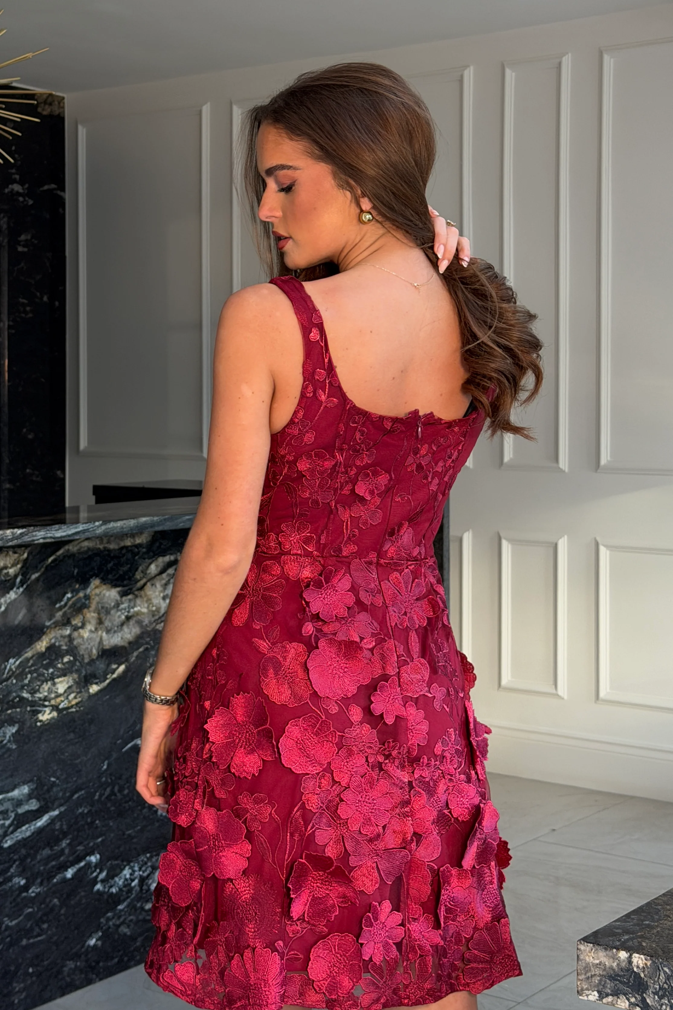 Celeste 3D Floral Square Neck Mini Dress Berry - Image 6