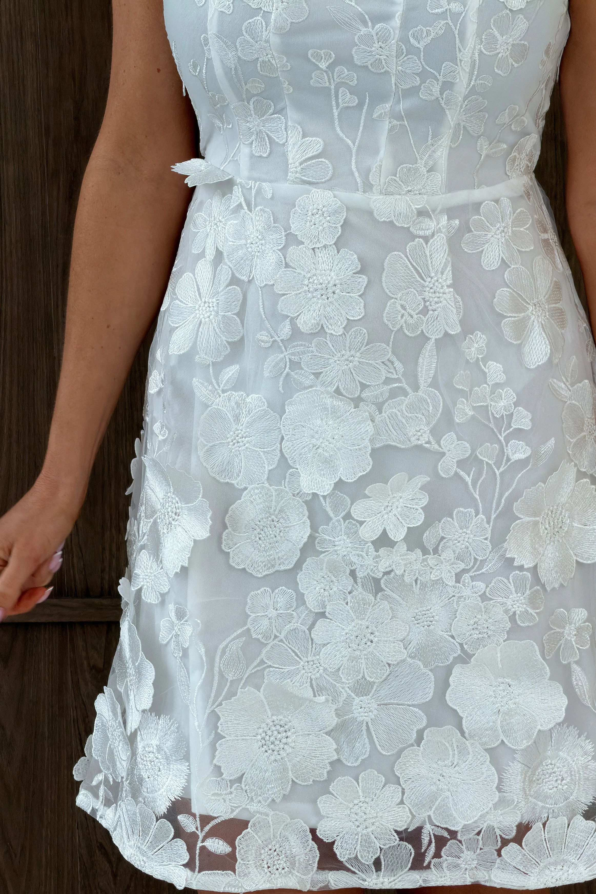 Celeste 3D Floral Square Neck Mini Dress Ivory - Image 4
