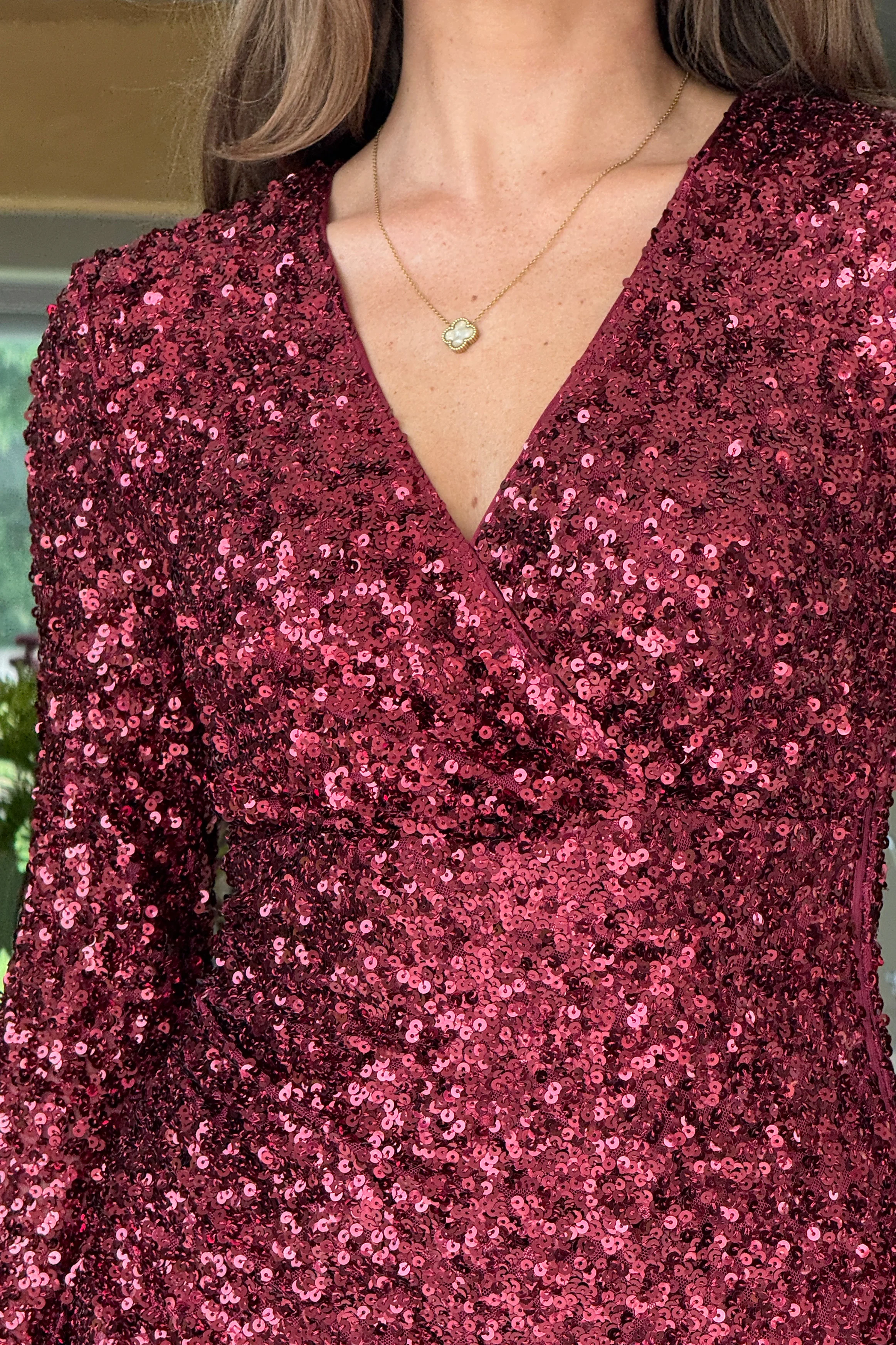 Celia Wine Sequin Wrap Midi Dress - Image 2