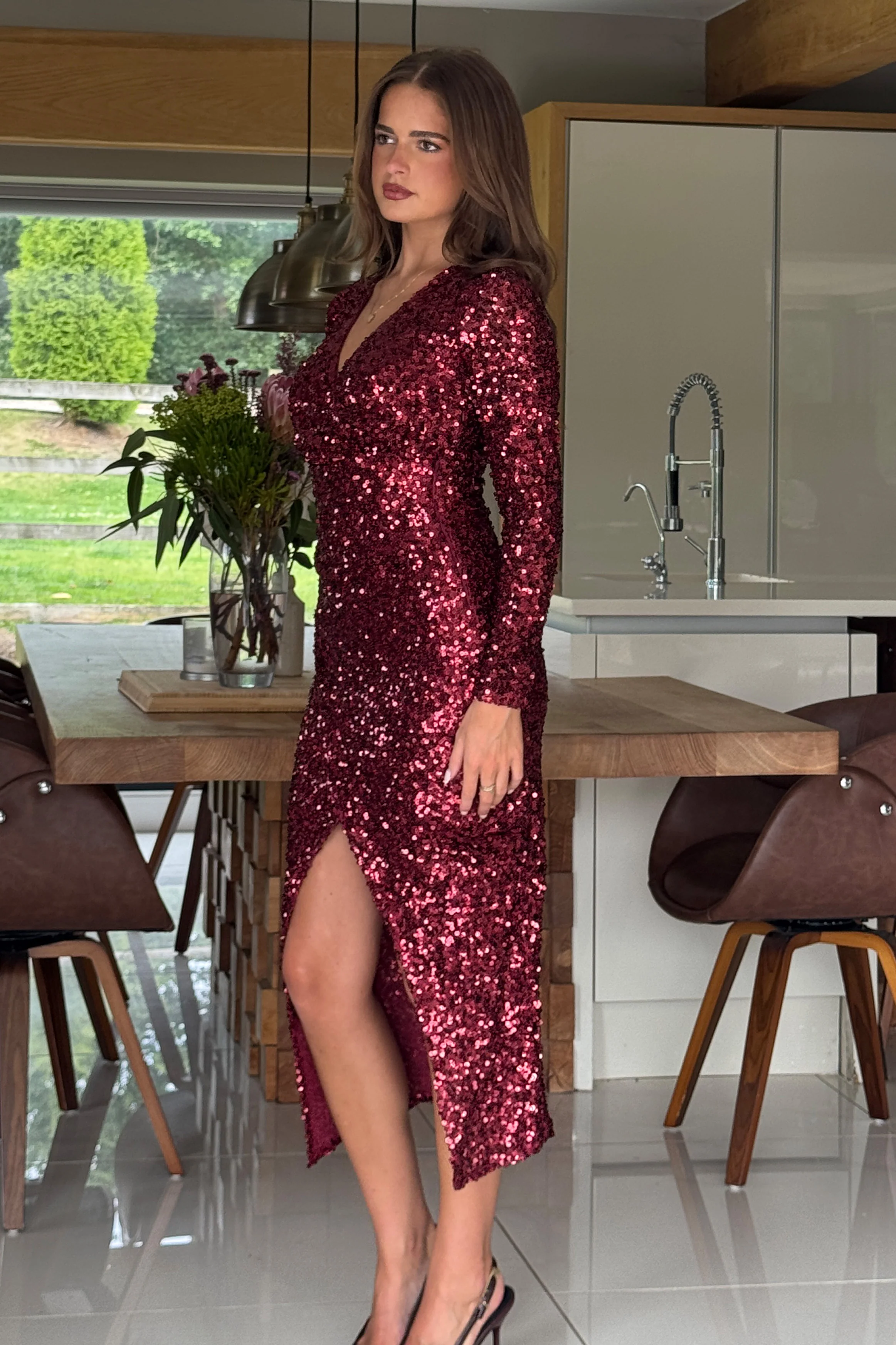 Celia Wine Sequin Wrap Midi Dress - Image 4