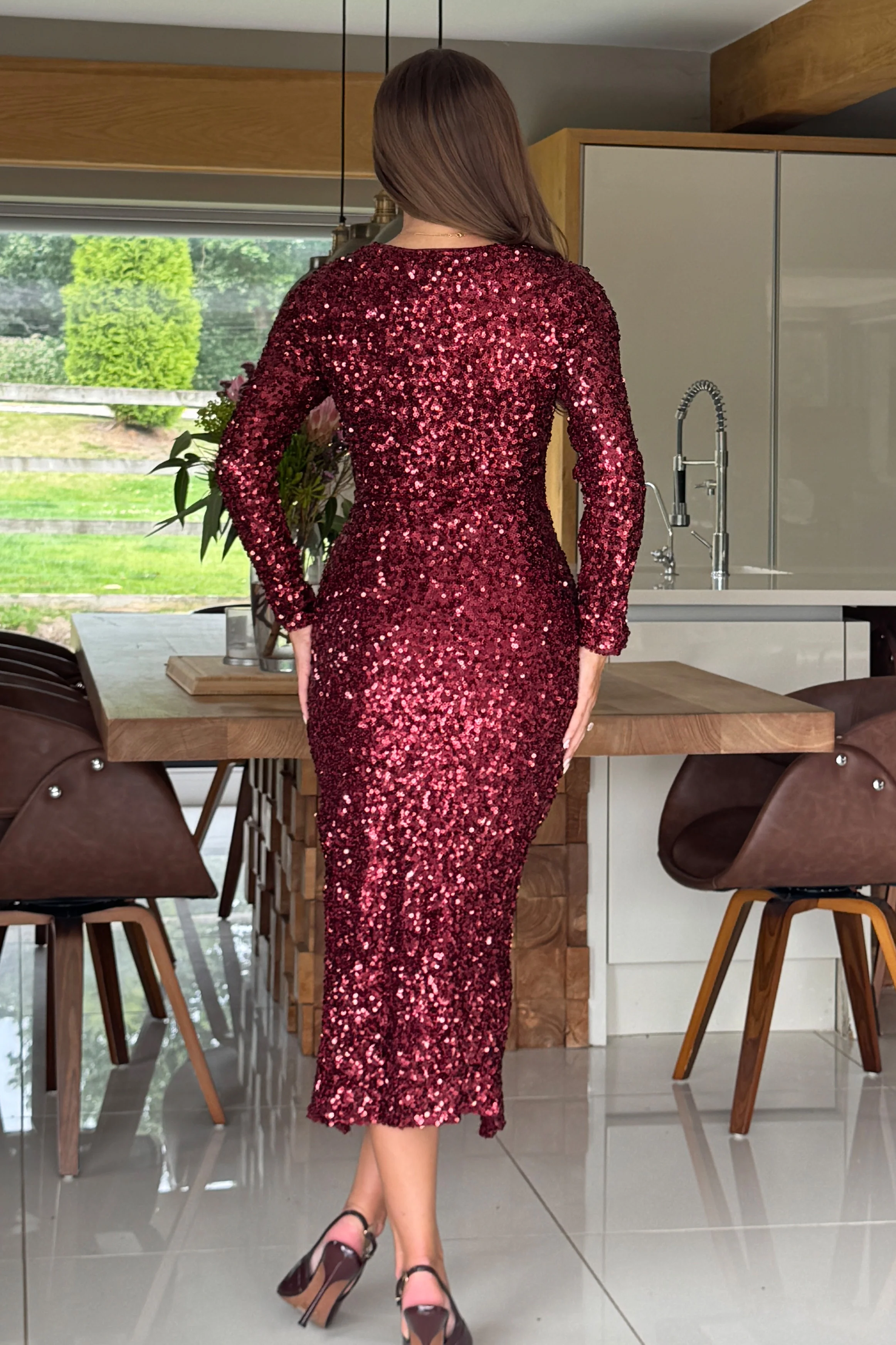 Celia Wine Sequin Wrap Midi Dress - Image 5