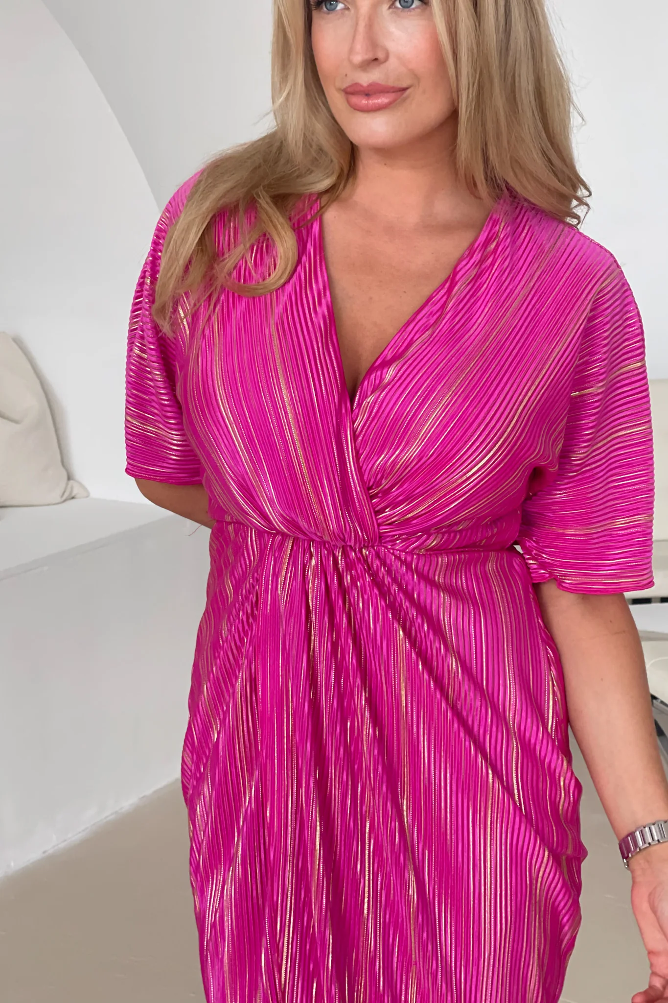 Chelsea Wrap Detailing Midi Dress Hot Pink - Image 2