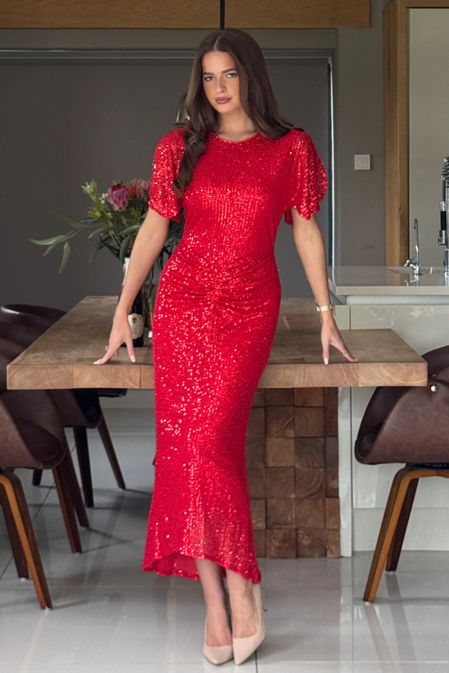 Cleo Red Sequin Ruched Detail Midi Dress - Image 3