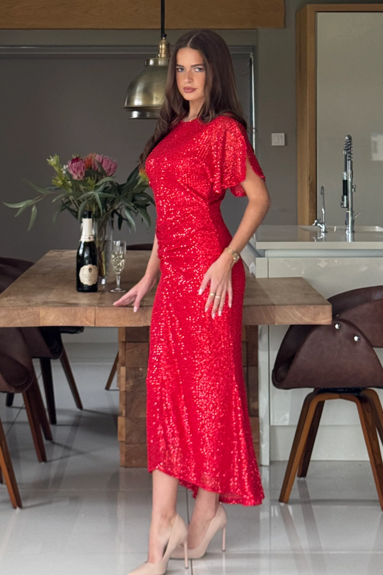 Cleo Red Sequin Ruched Detail Midi Dress - Image 4