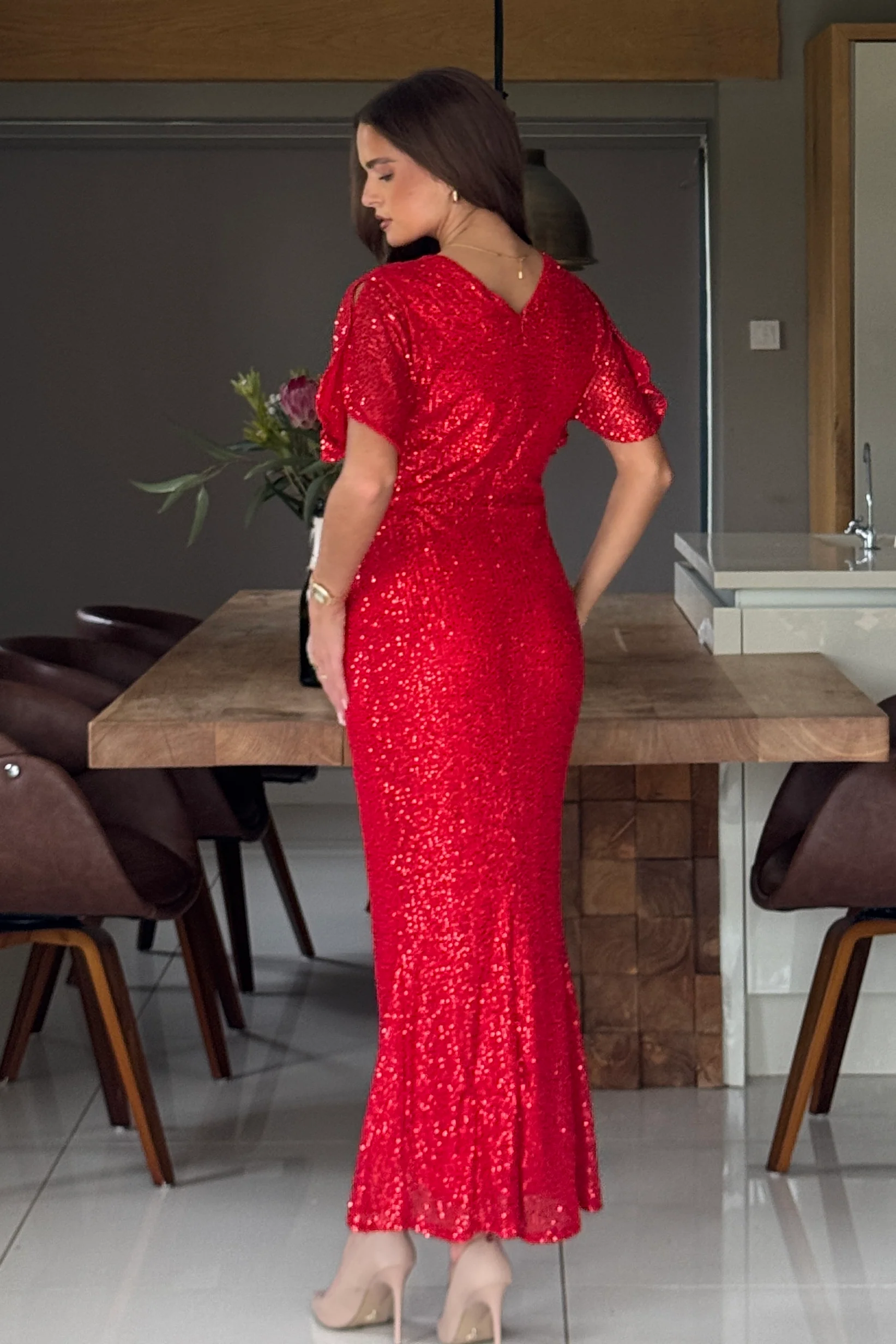 Cleo Red Sequin Ruched Detail Midi Dress - Image 5